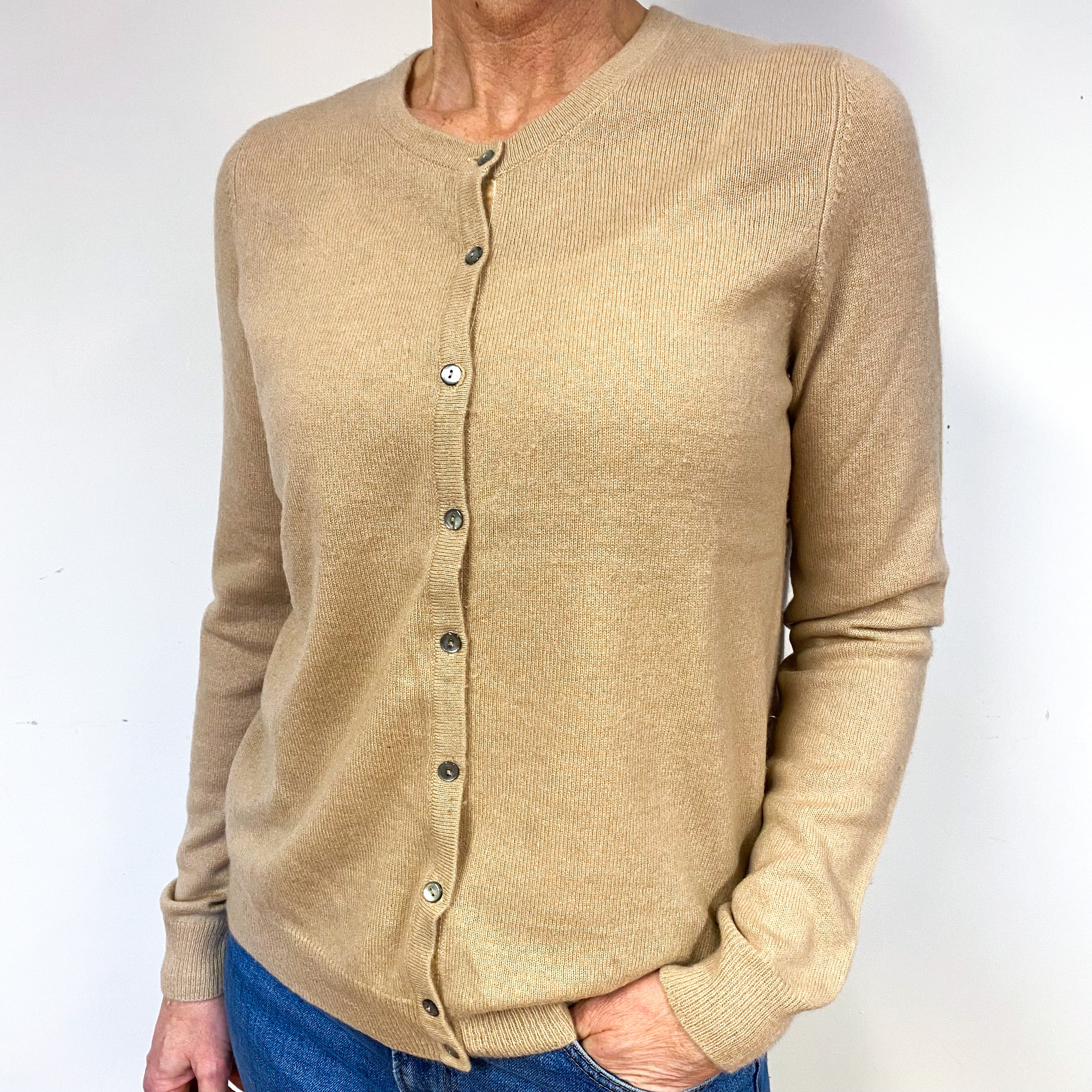 Caramel Brown Cashmere Crew Neck Cardigan Medium