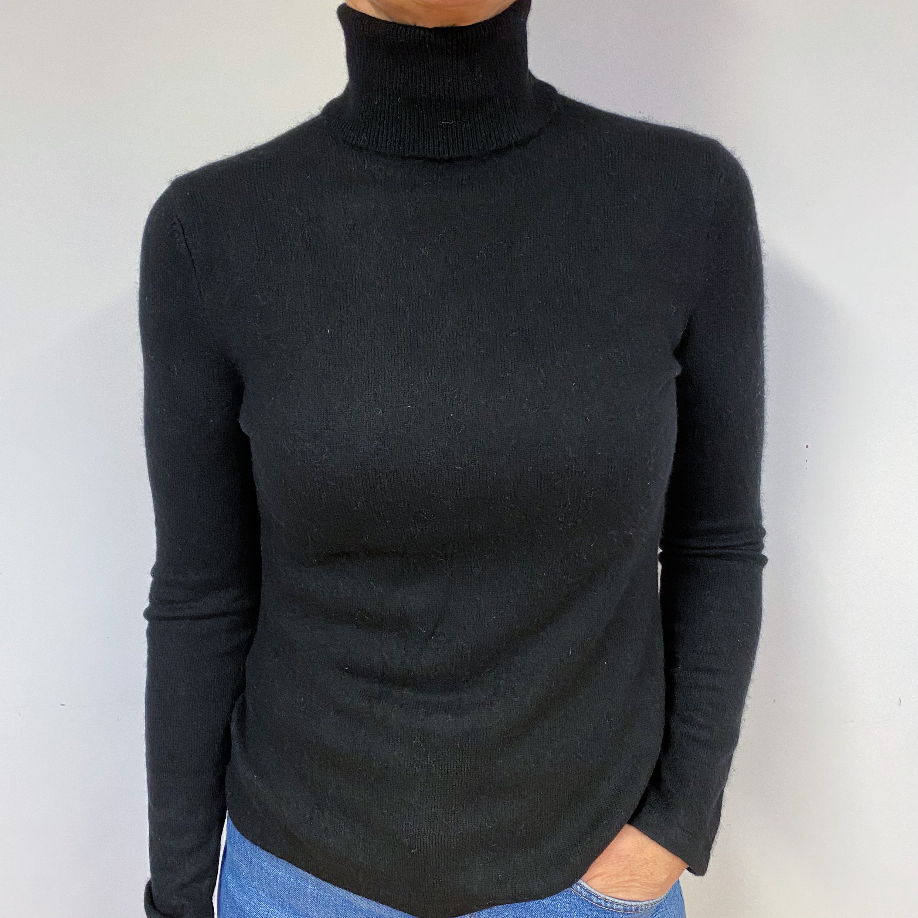Slim Black Cashmere Polo Neck Jumper Medium