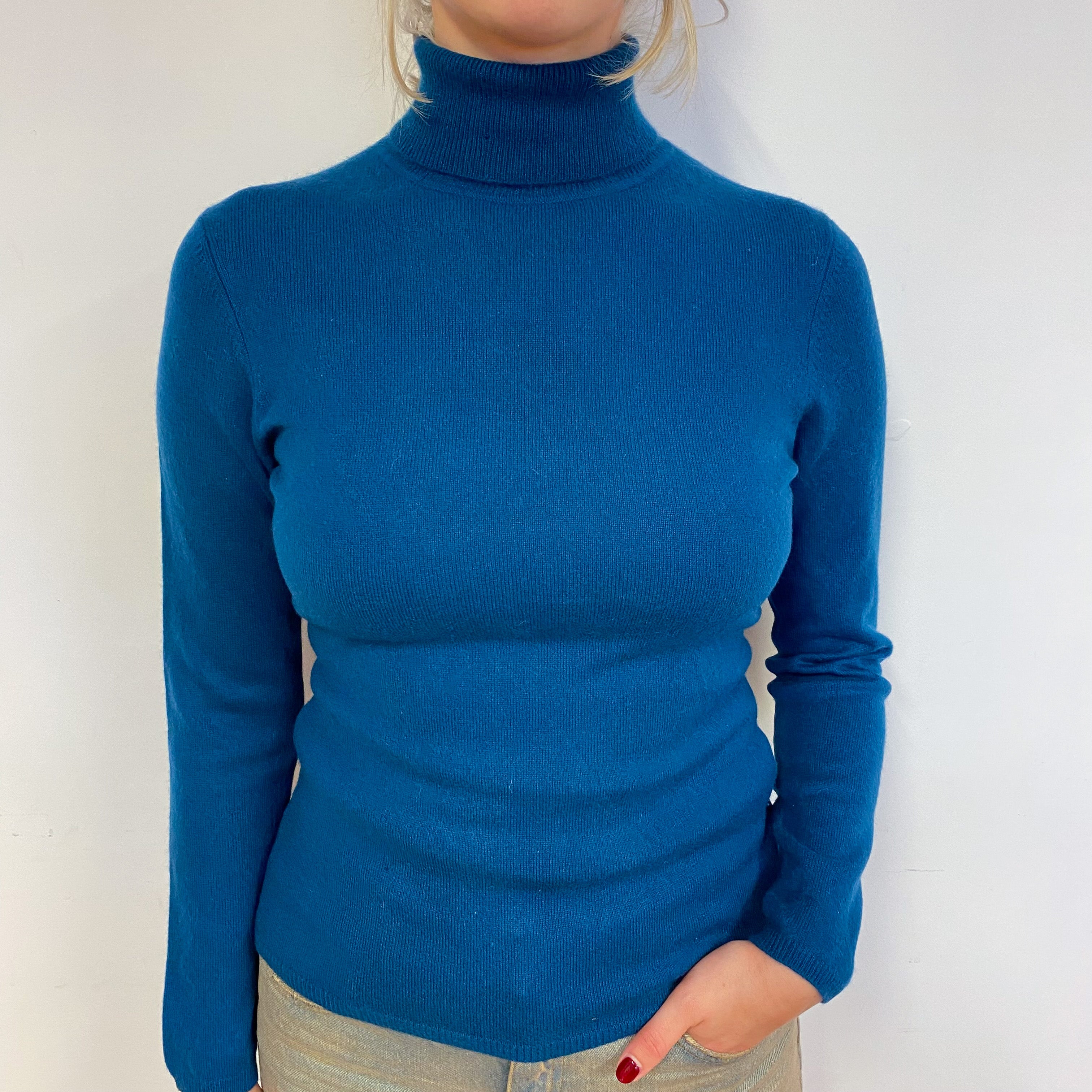 Peacock Blue Cashmere Polo Neck Jumper Small