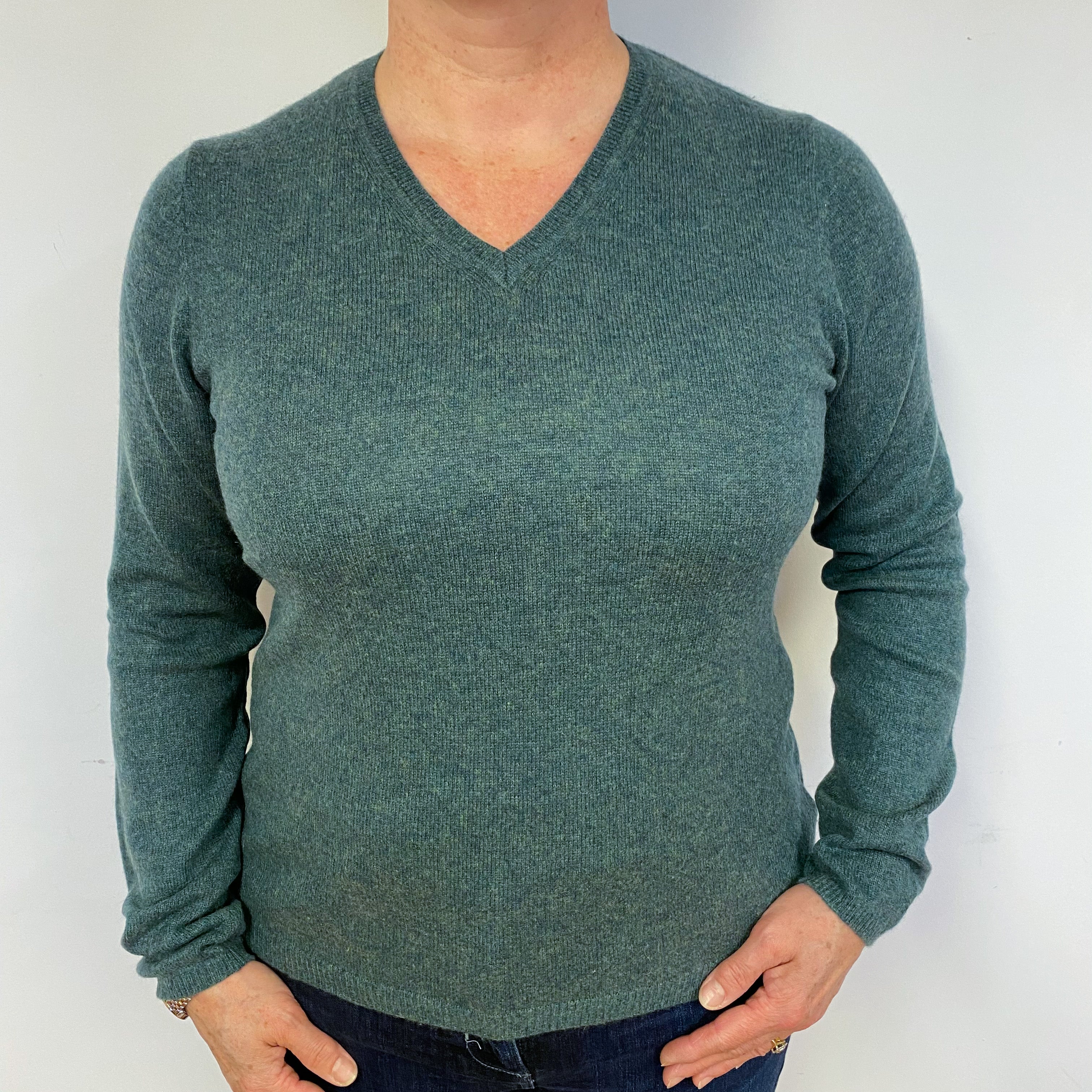 Spruce Green Cashmere V-Neck Jumper Large.