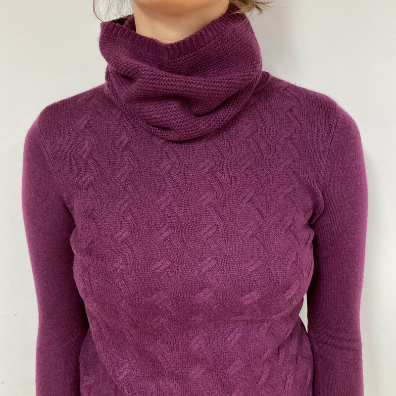 Purple Cable Cashmere Crew Neck Jumper with Neck Warmer Small