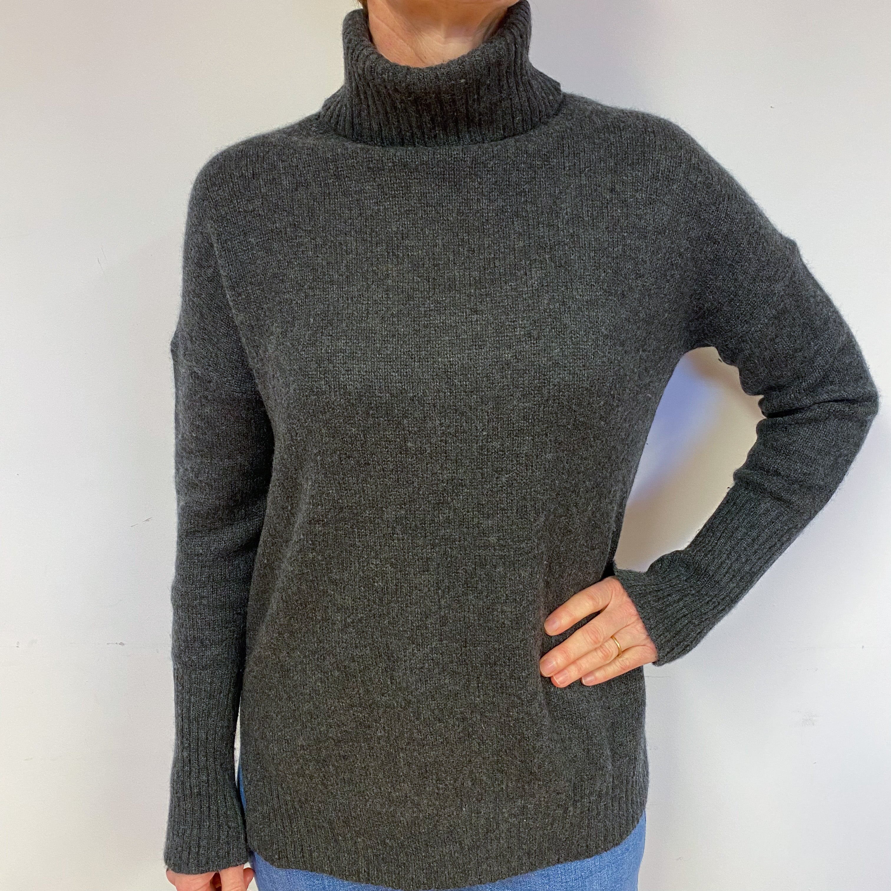 Slates Grey Chunky Cashmere Polo Neck Jumper Medium