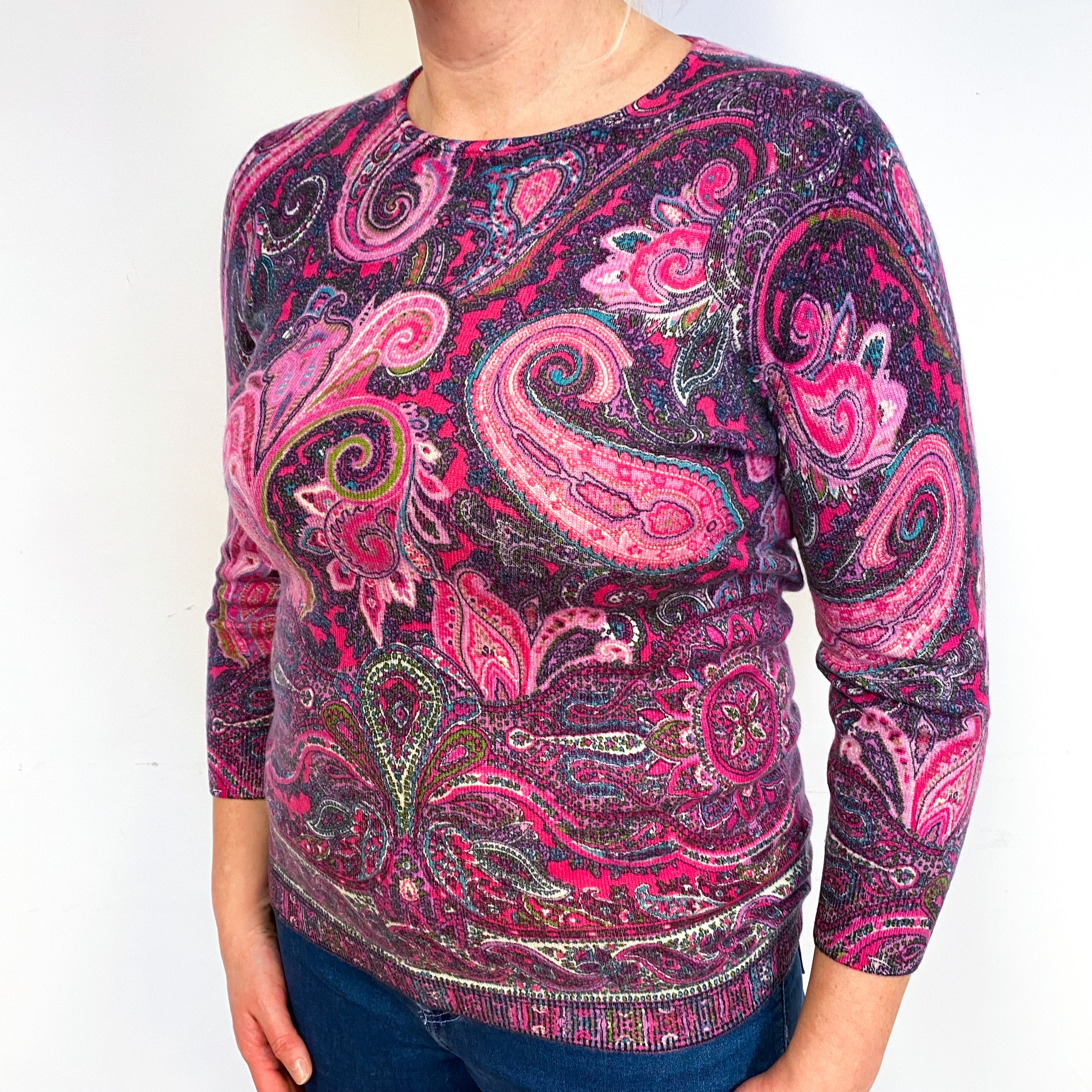 Pink Purple Paisley Cashmere Crew Neck Jumper Large
