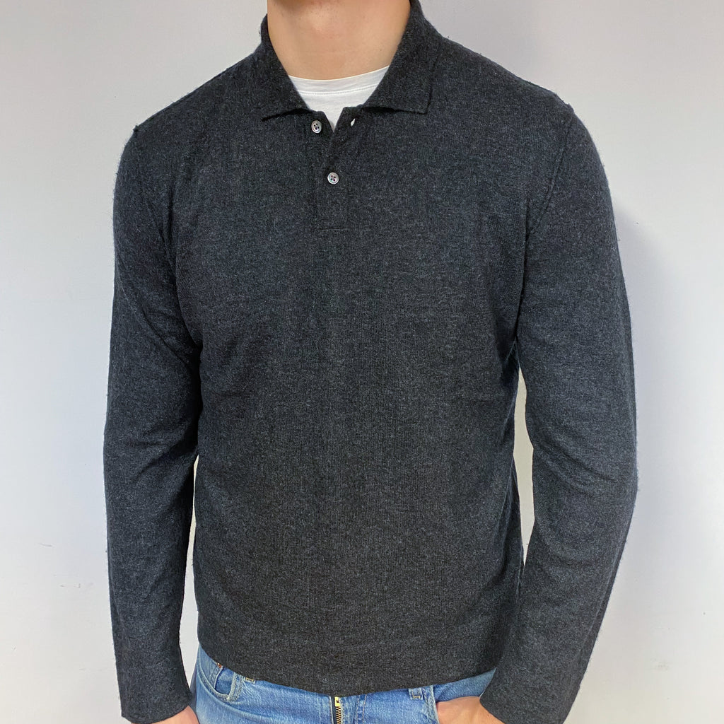 Men's Lightweight Dark Grey Cashmere 1/4 Button Jumper Extra Large