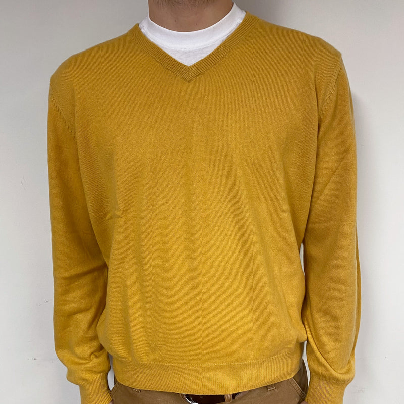 Men's Mustard Yellow Cashmere V-Neck Jumper Large