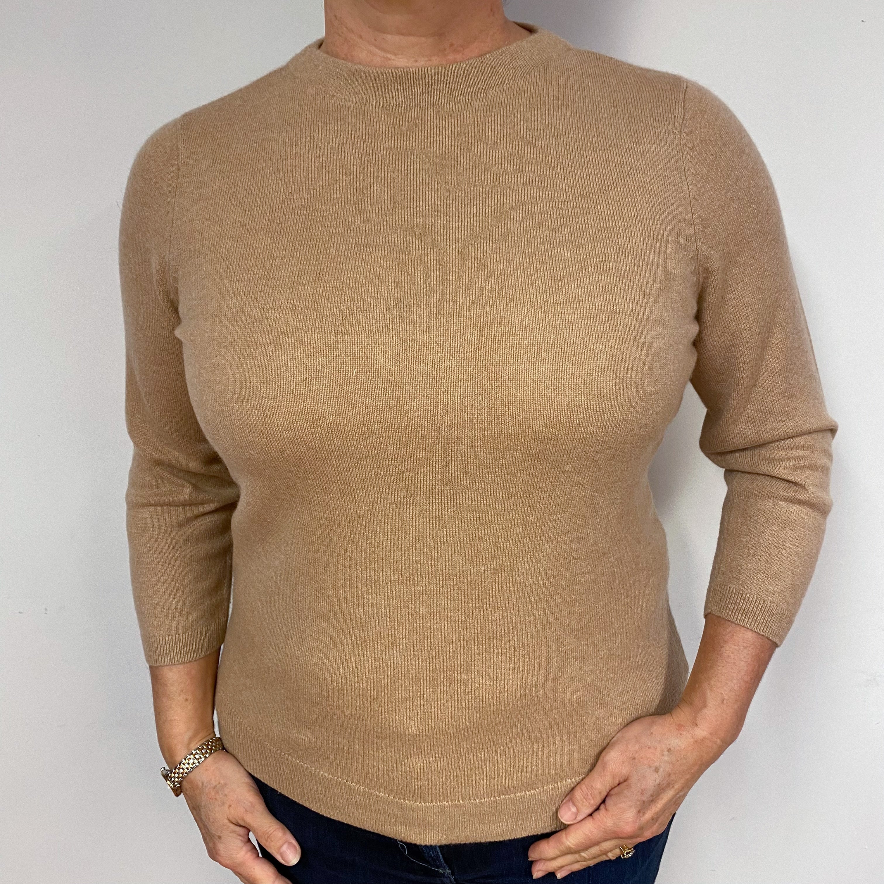 Caramel Brown 3/4 Sleeve Cashmere Crew Neck Jumper Large