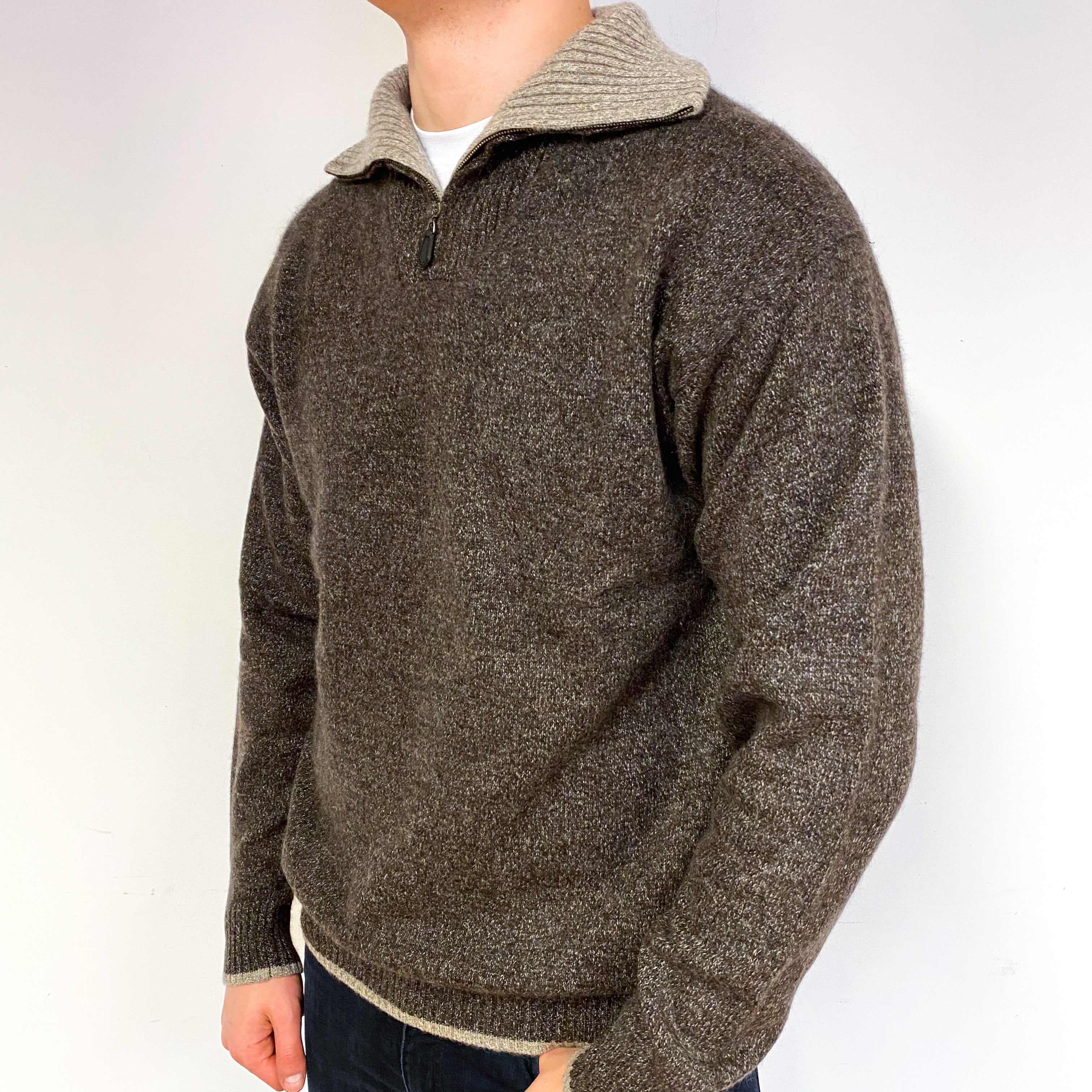 Men's Brown Fawn Marl Cashmere 1/4 Zip Jumper Extra Large