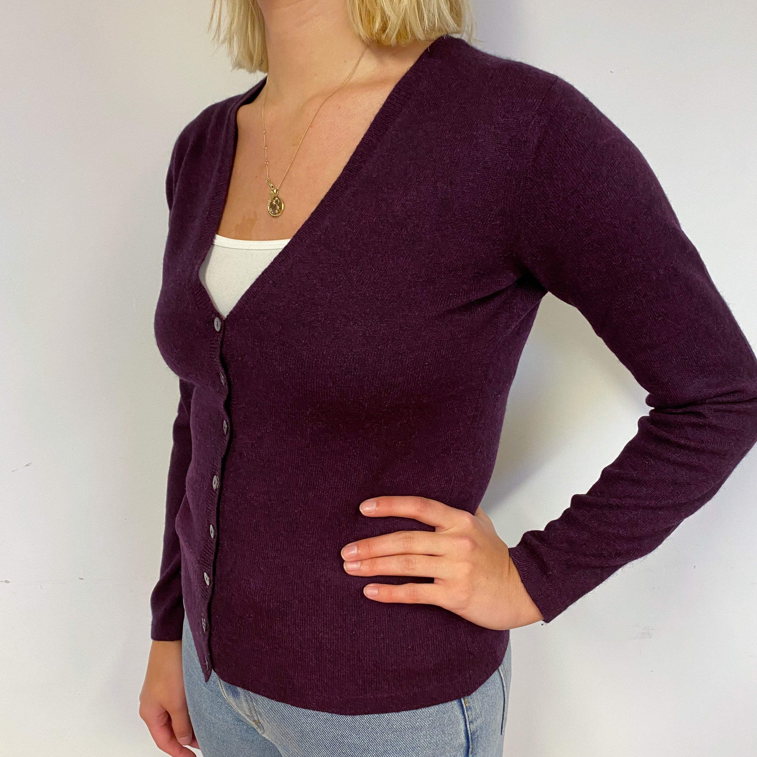 Brora Aubergine Purple Cashmere V-Neck Cardigan Small