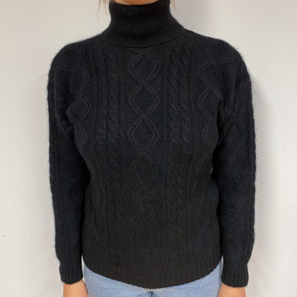 Black Chunky Cable Cashmere Polo Neck Jumper Small