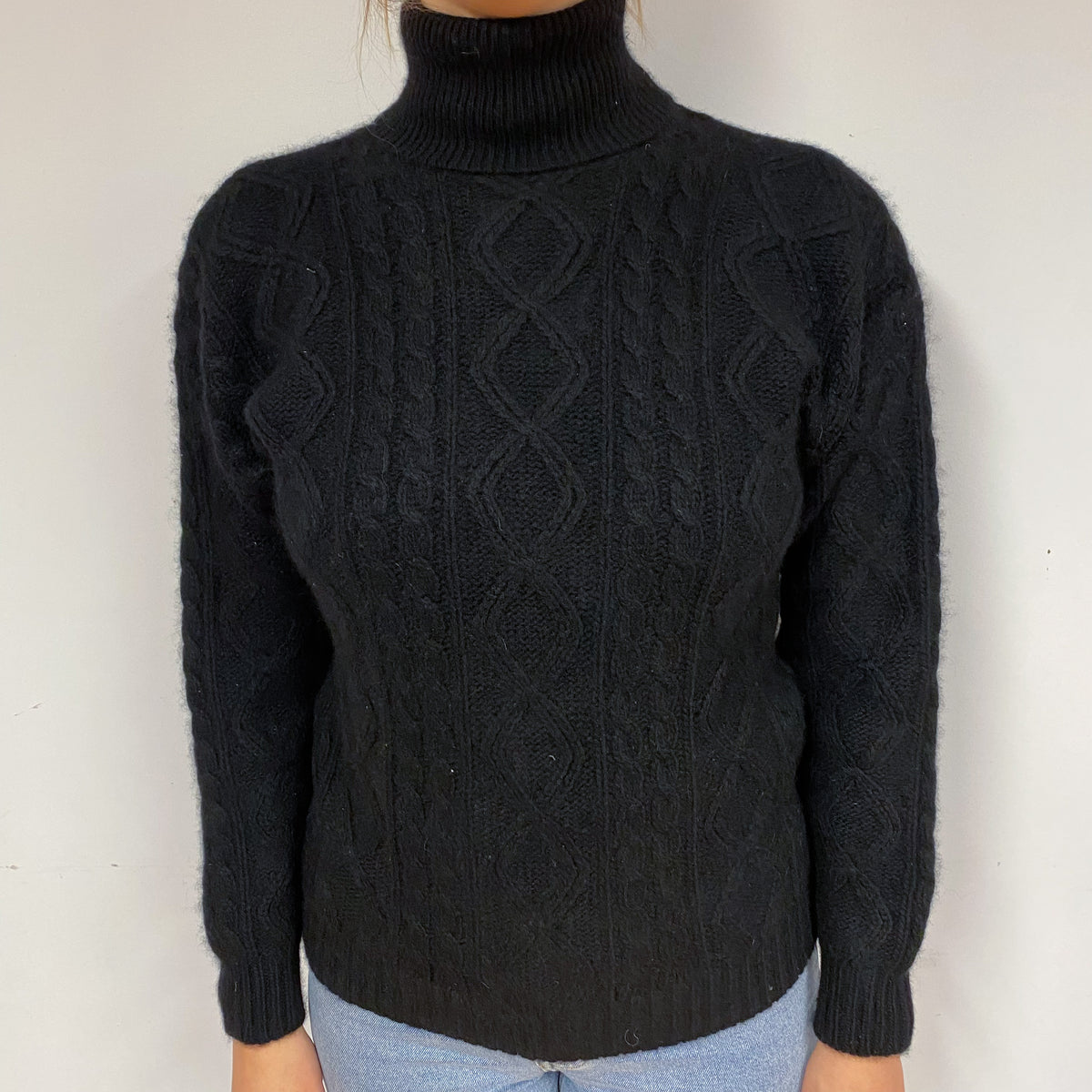 Black Chunky Cable Cashmere Polo Neck Jumper Small