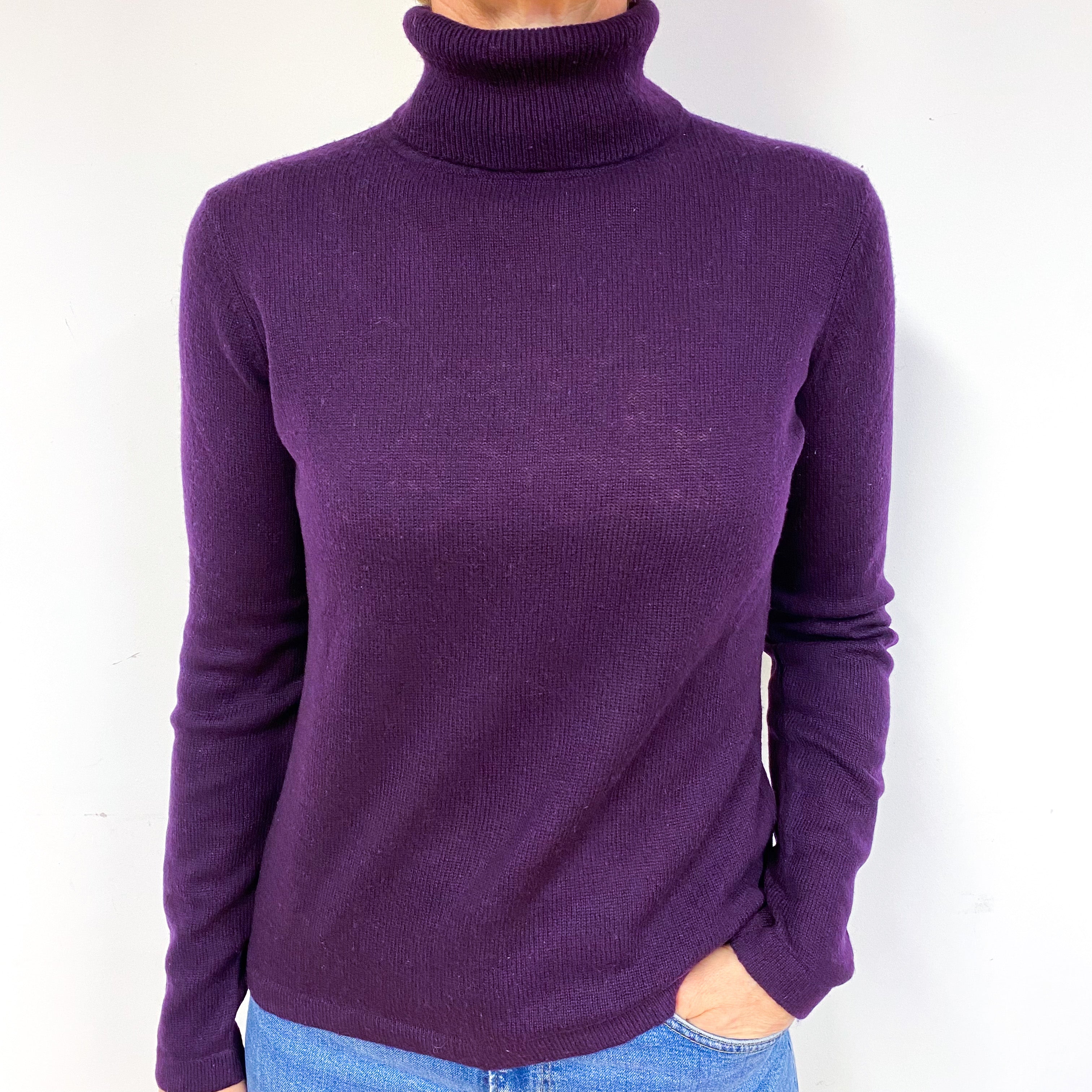 Deep Purple Lightweight Cashmere Polo Neck Jumper Medium