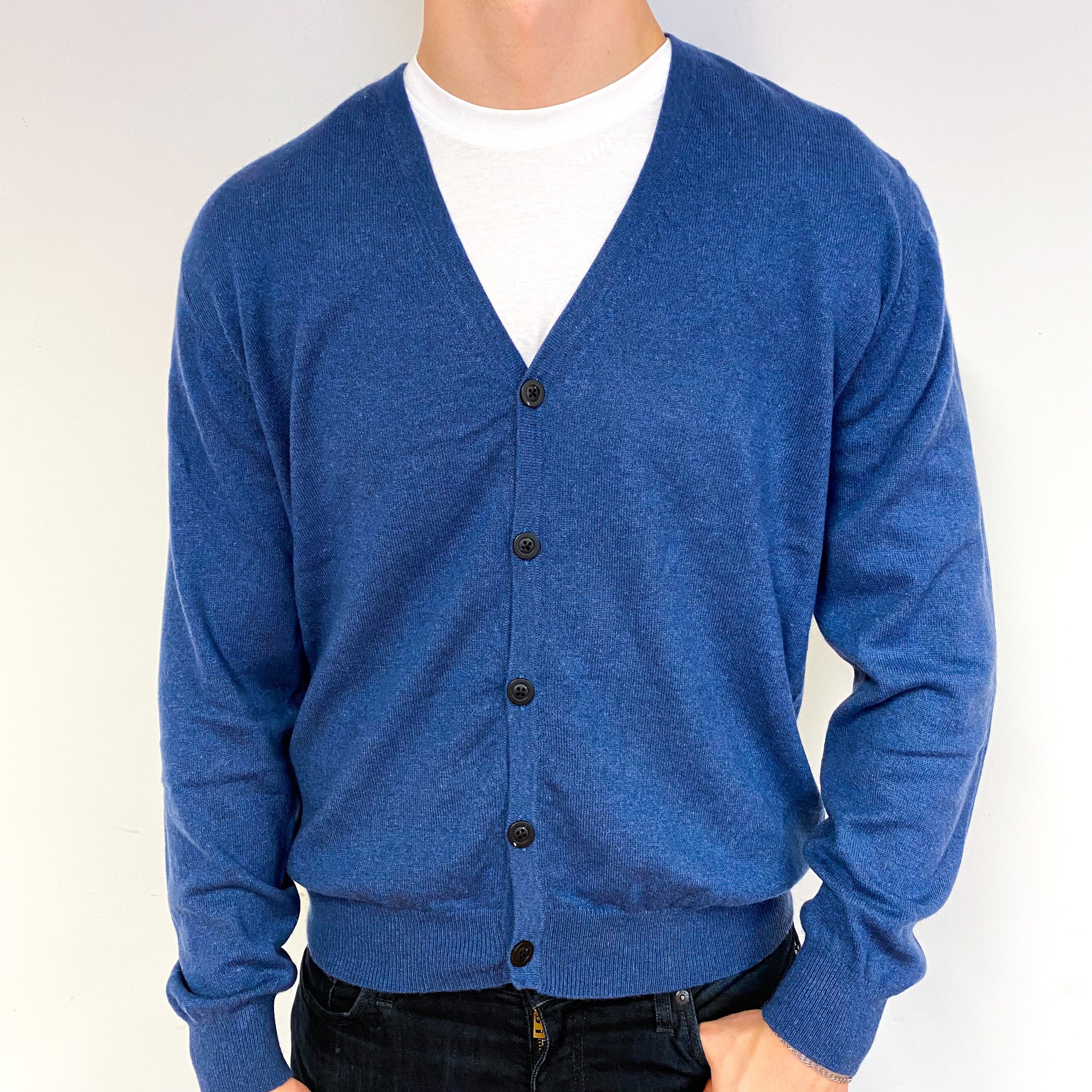 Men's Naval Blue Cashmere V-Neck Cardigan Extra Large