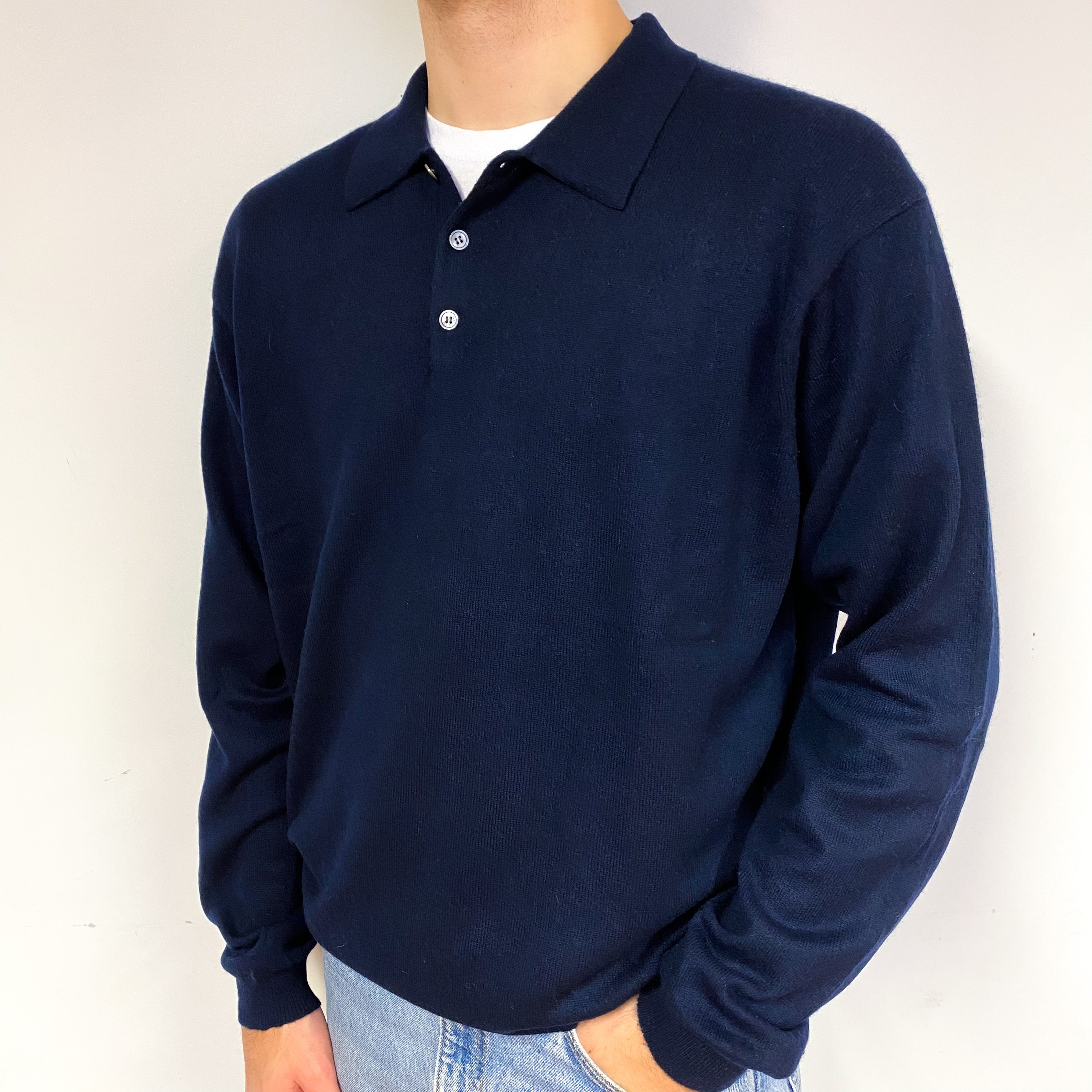 Men's Navy Blue Cashmere 1/4 Button Jumper Large