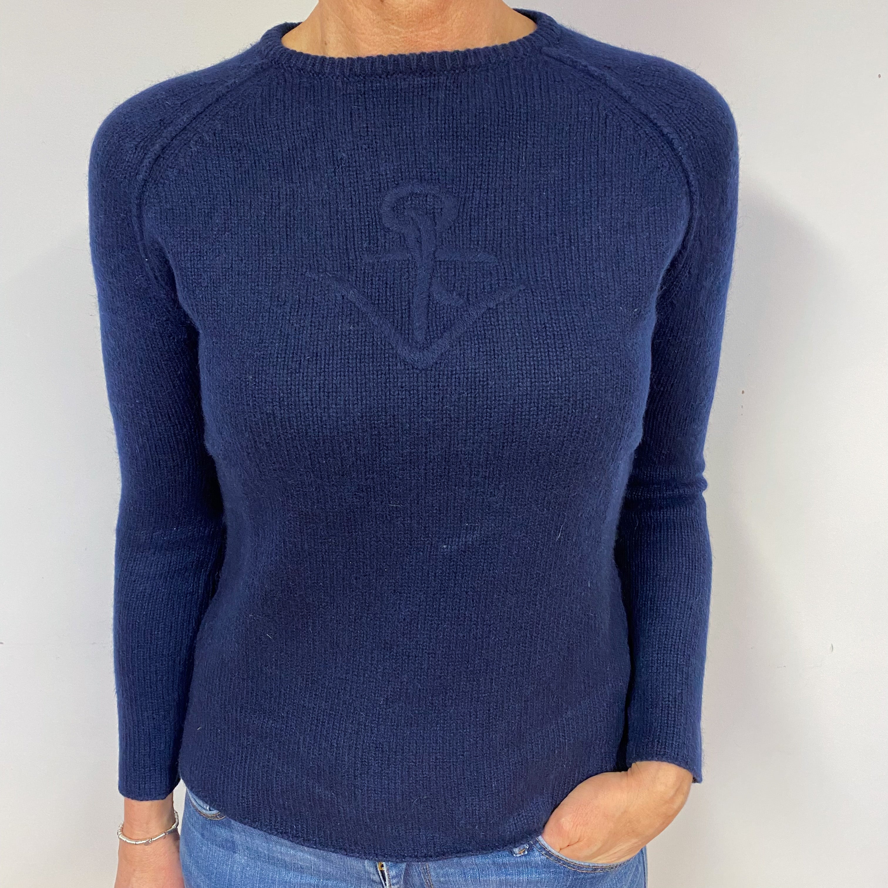 Navy Blue Anchor Cashmere Crew Neck Jumper Medium