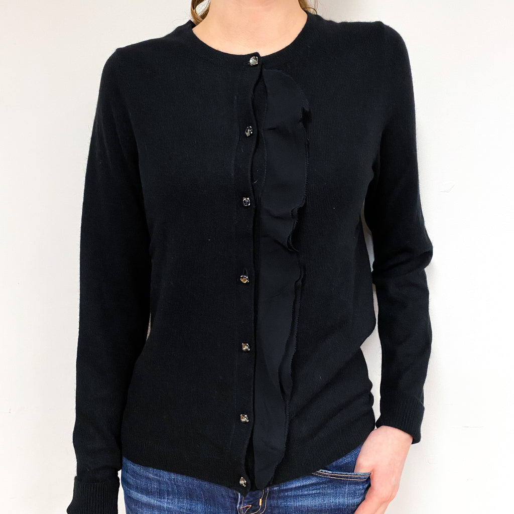 Black Chiffon Trim Cashmere Crew Neck Cardigan Extra Small