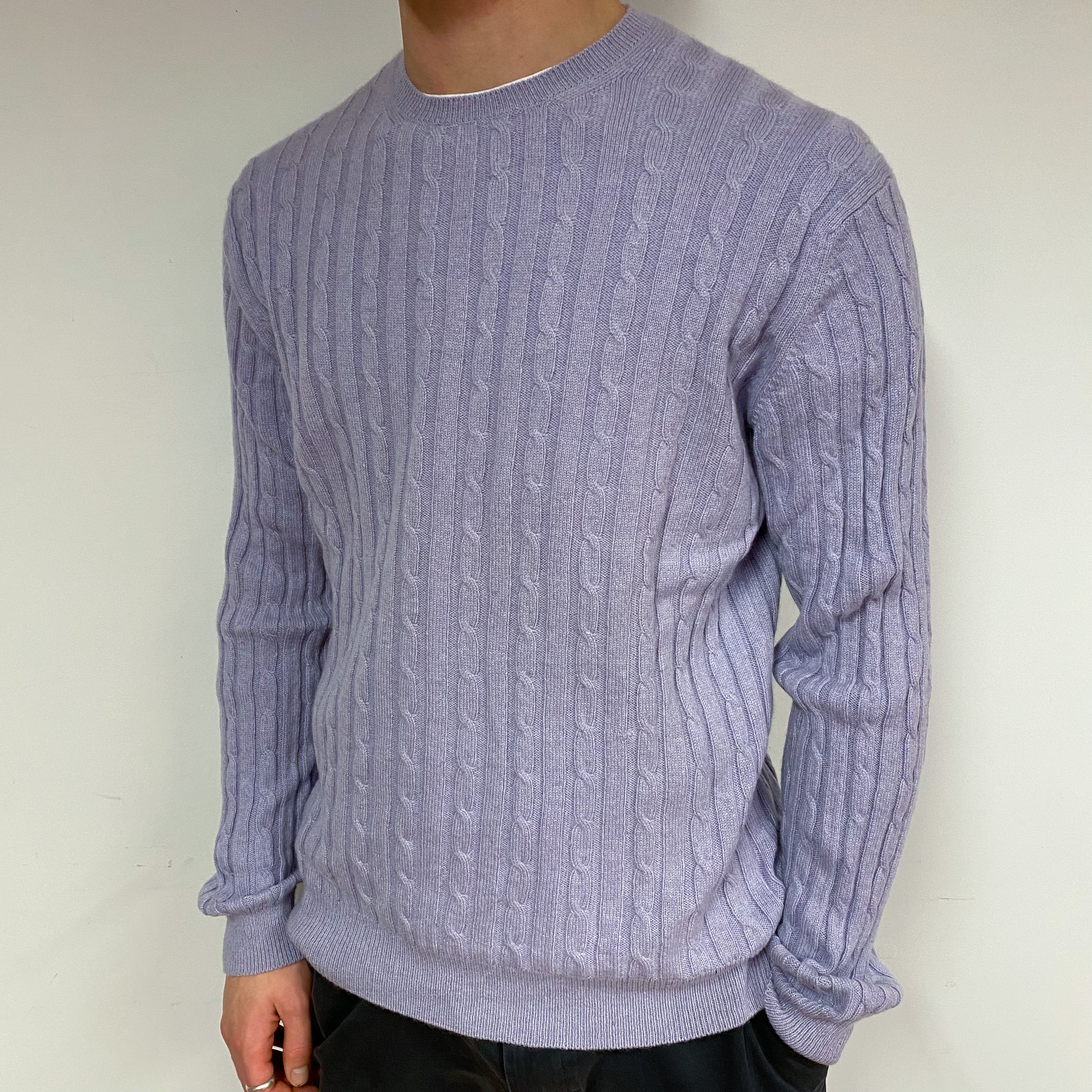 Men's Lilac Cable Cashmere Crew Neck Jumper Large