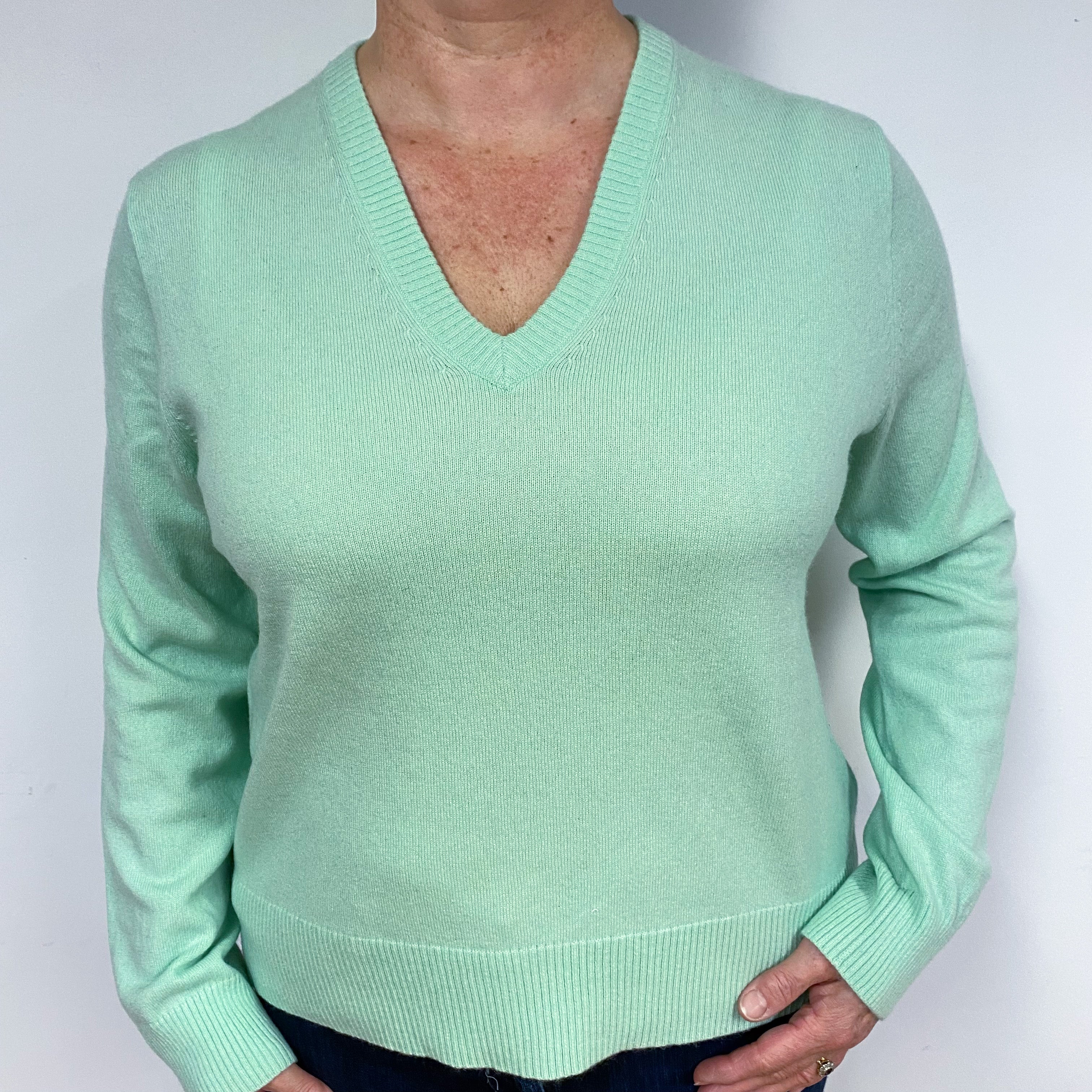 Mint Green Cashmere V-Neck Jumper Large