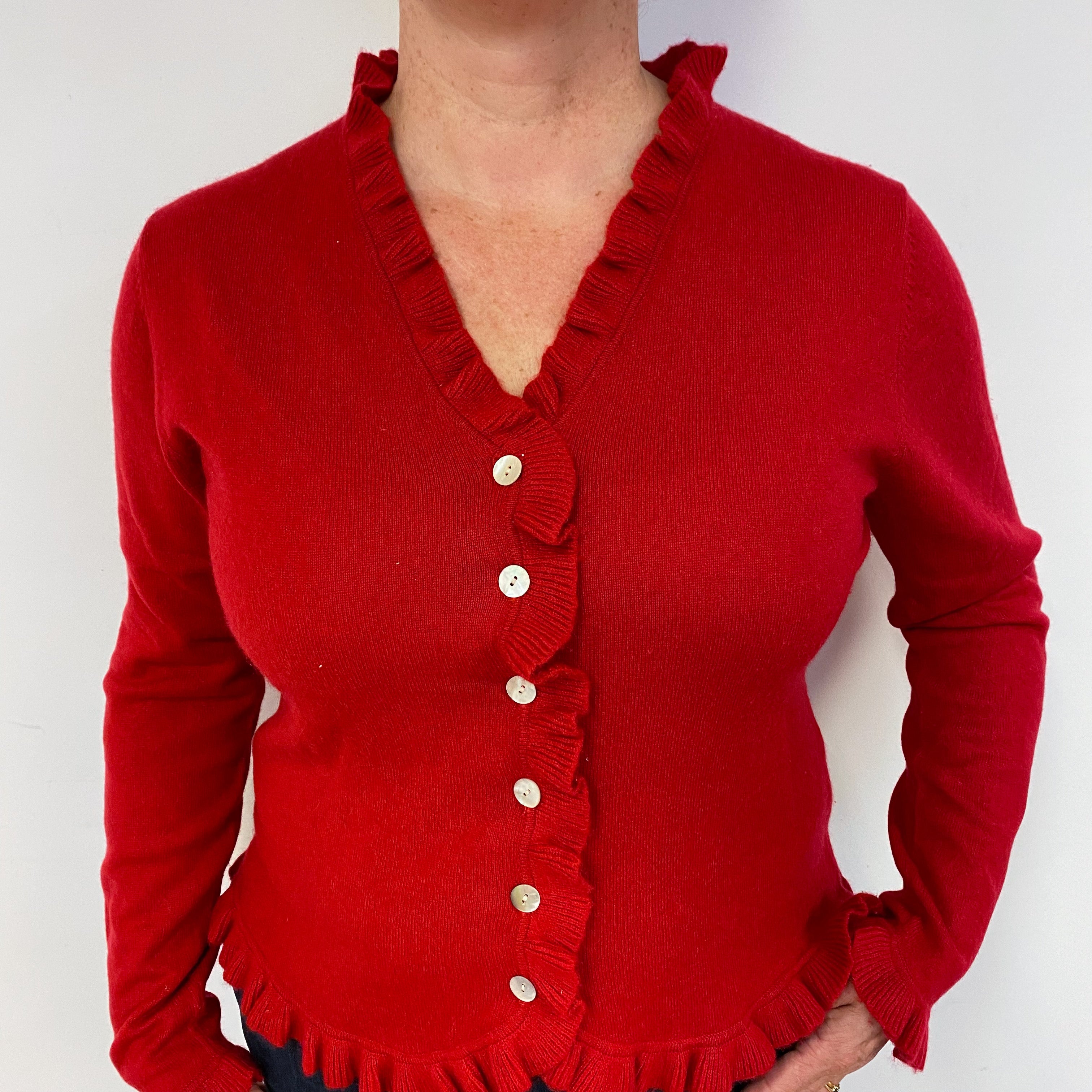 Post Box Red Frilly Cashmere Cardigan Large