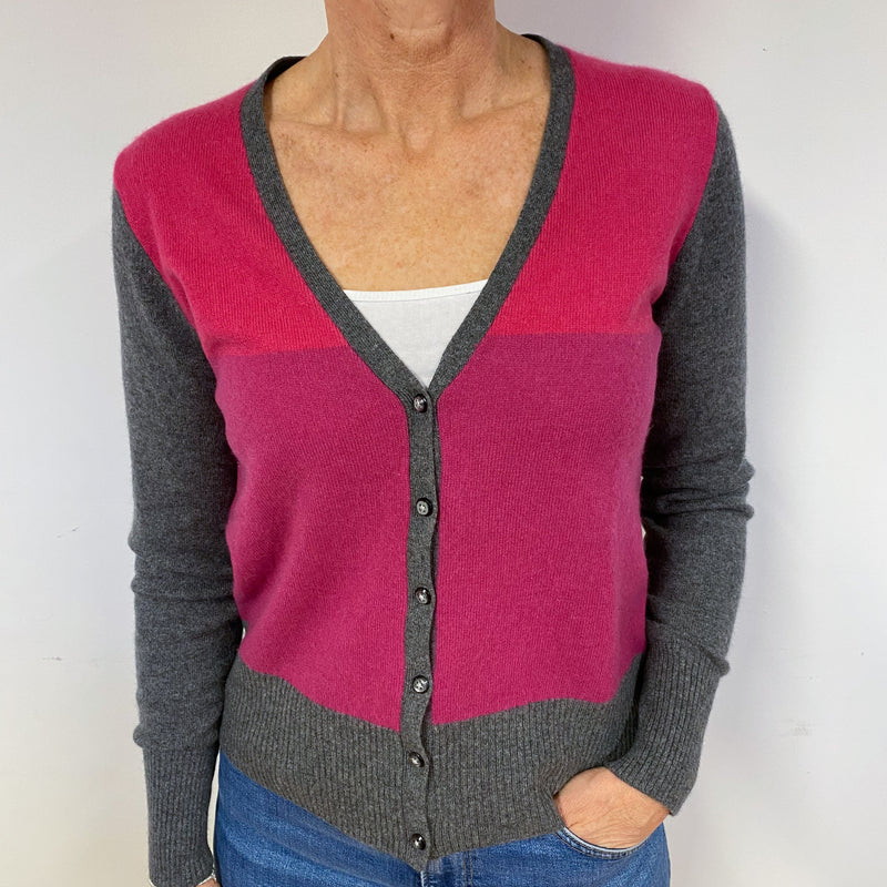 Pink and Grey Cashmere V-Neck Cardigan Medium
