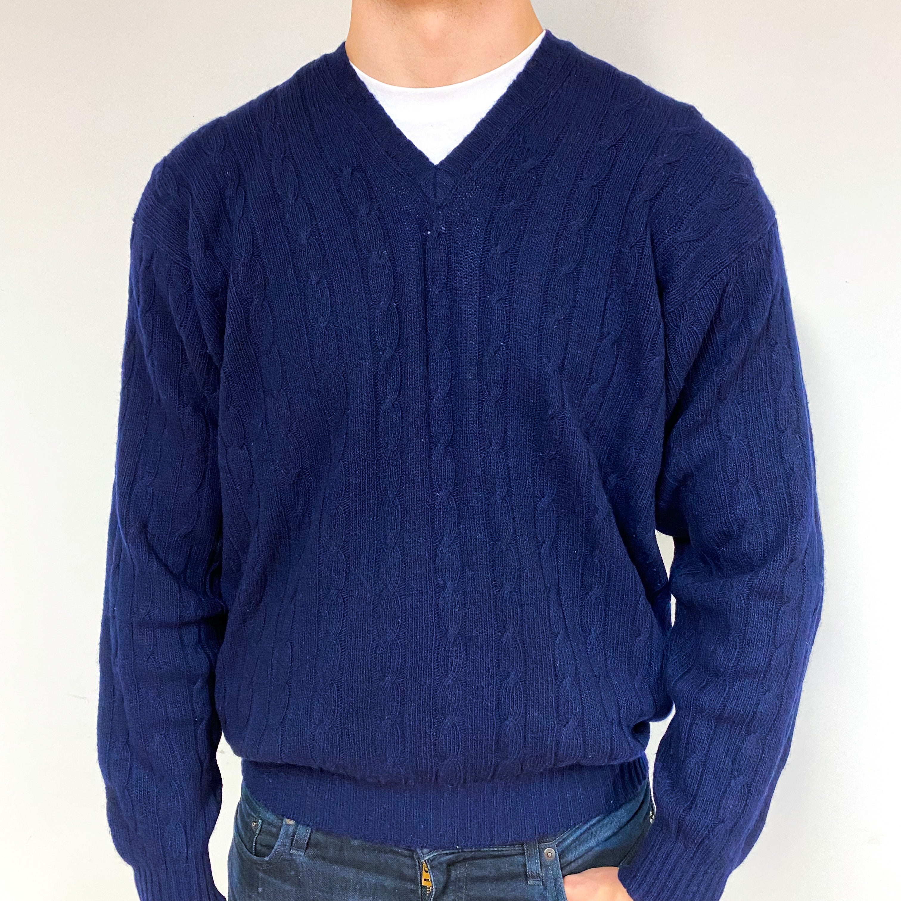 Men's Vintage Blue Cable Cashmere V-Neck Jumper Extra Large