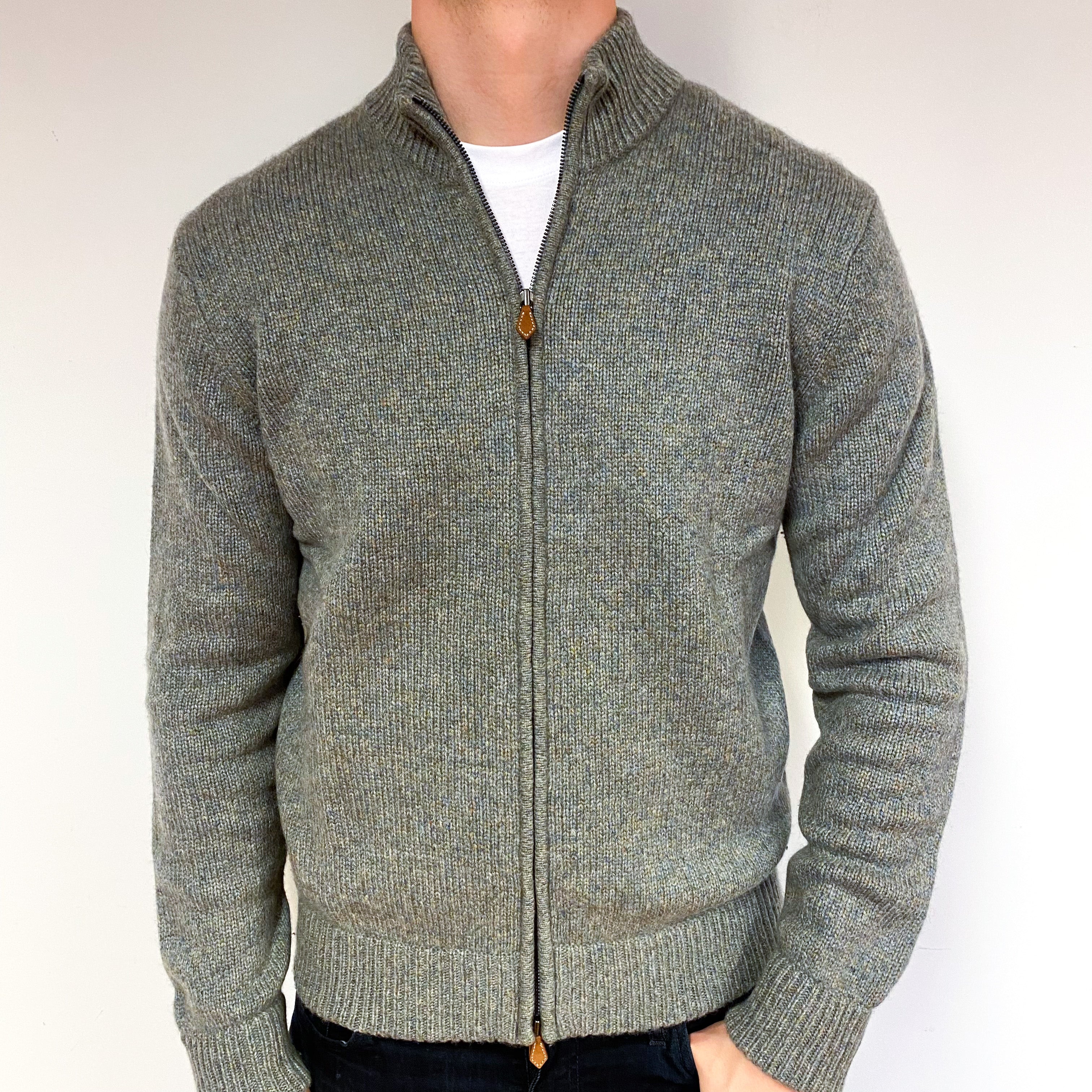 Men's Sage Green Marl Chunky Cashmere Zip Cardigan Extra Large
