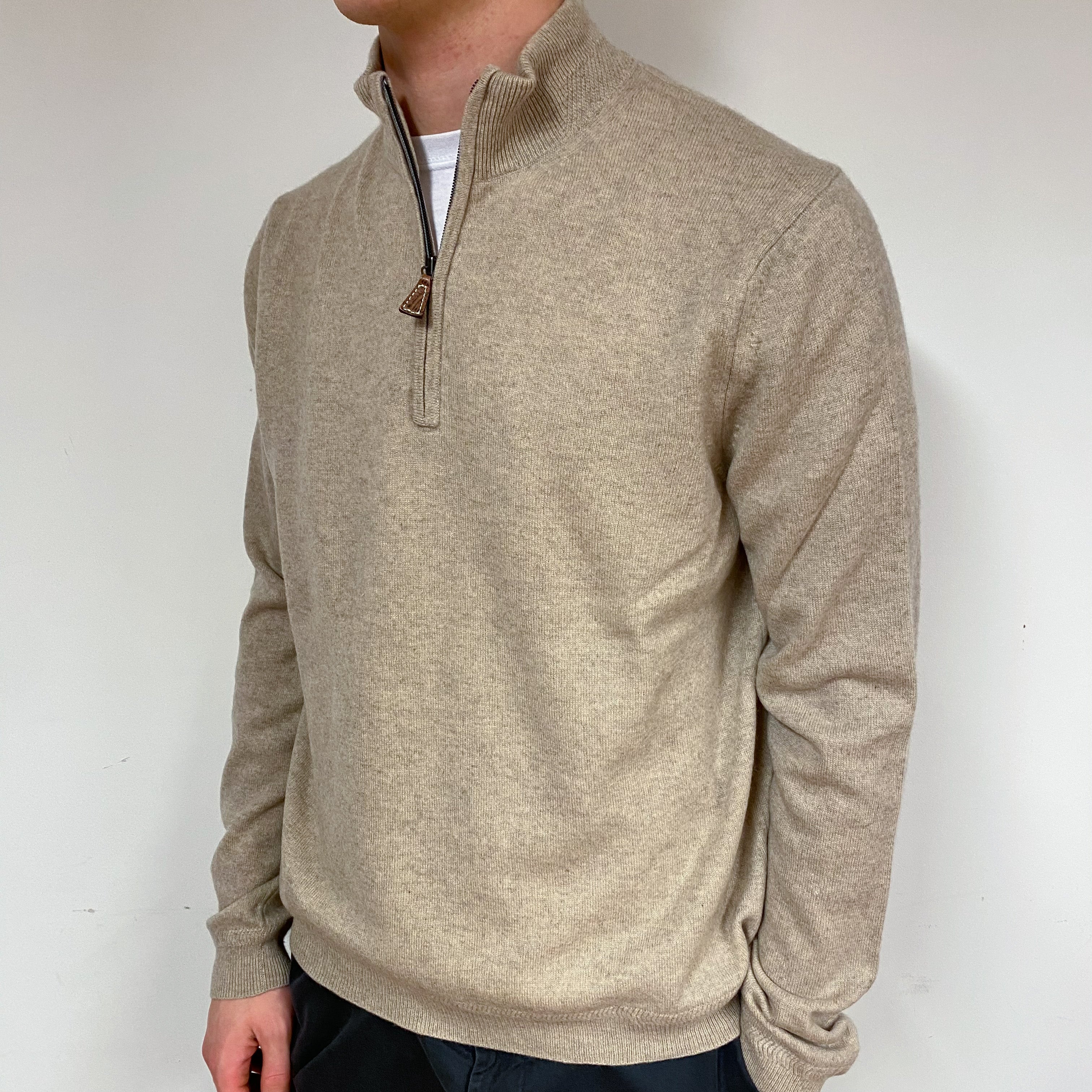 Men's Pale Biscuit Cashmere Quarter Zip Jumper Large