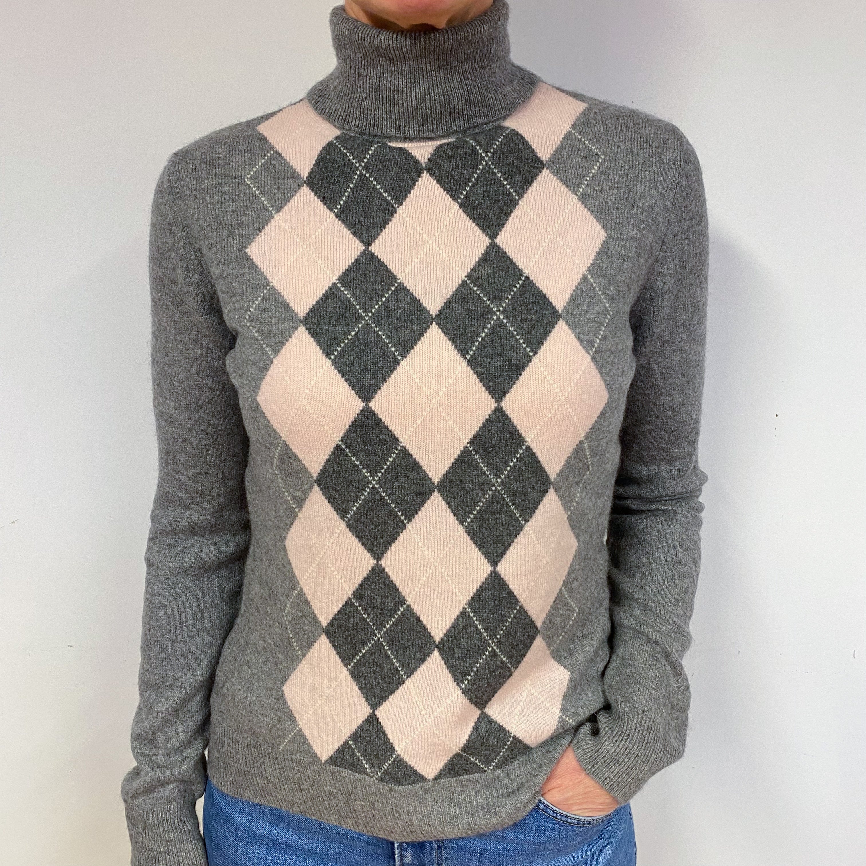 Grey Pink Argyle Cashmere Polo Neck Jumper Medium