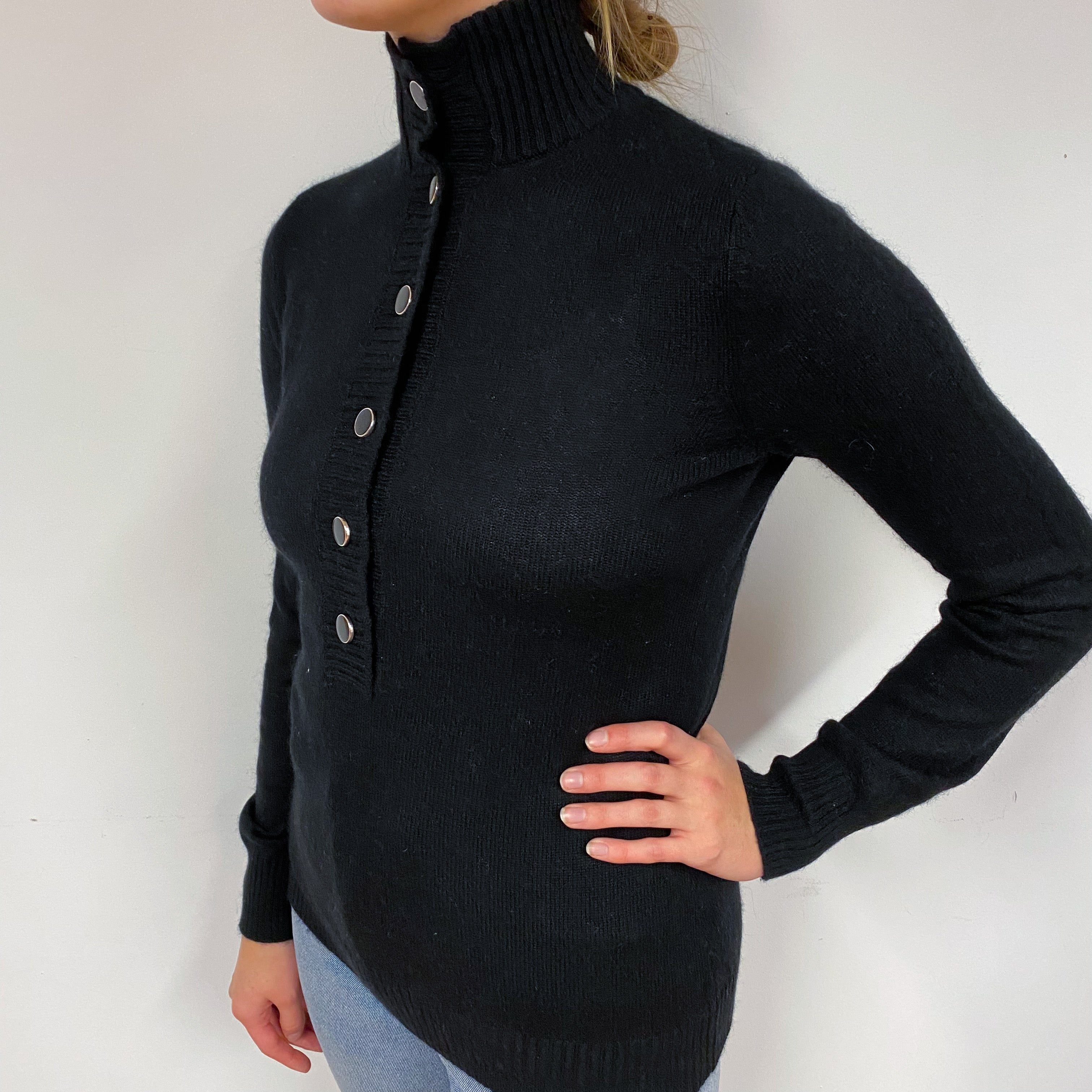Black Button Front Cashmere Turtle Neck Jumper Small