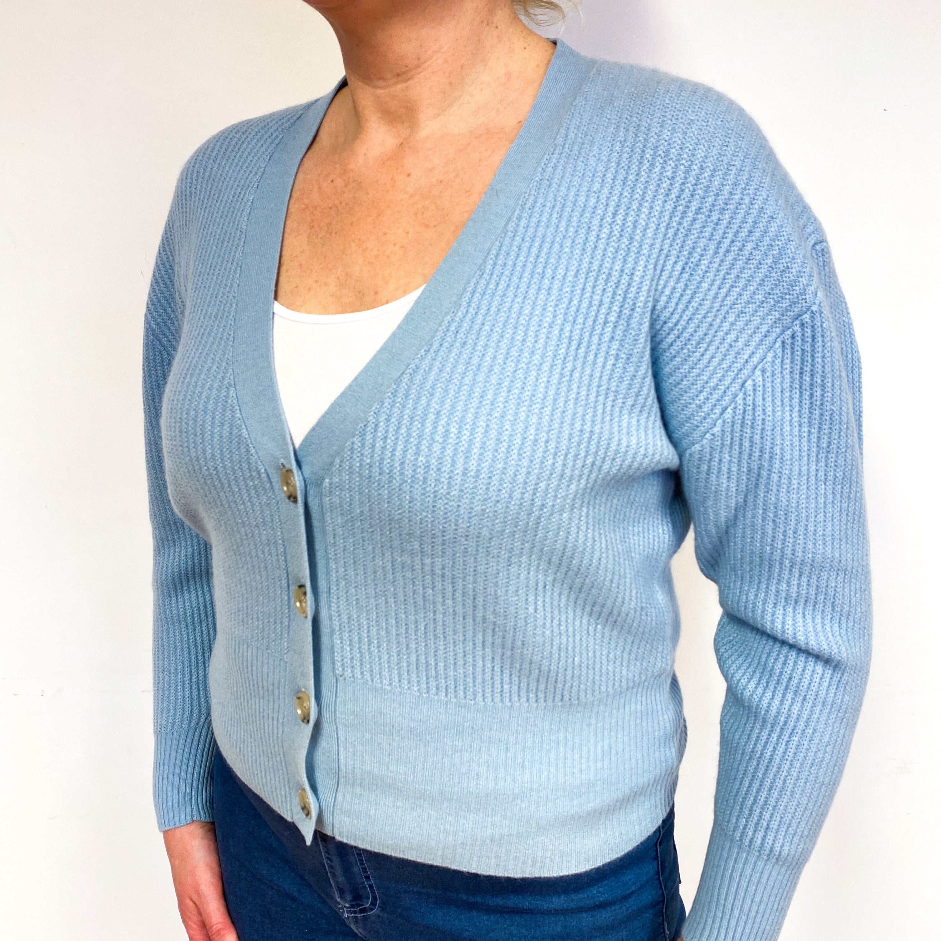 Pale Blue Ribbed Cashmere V-Neck Cardigan Large