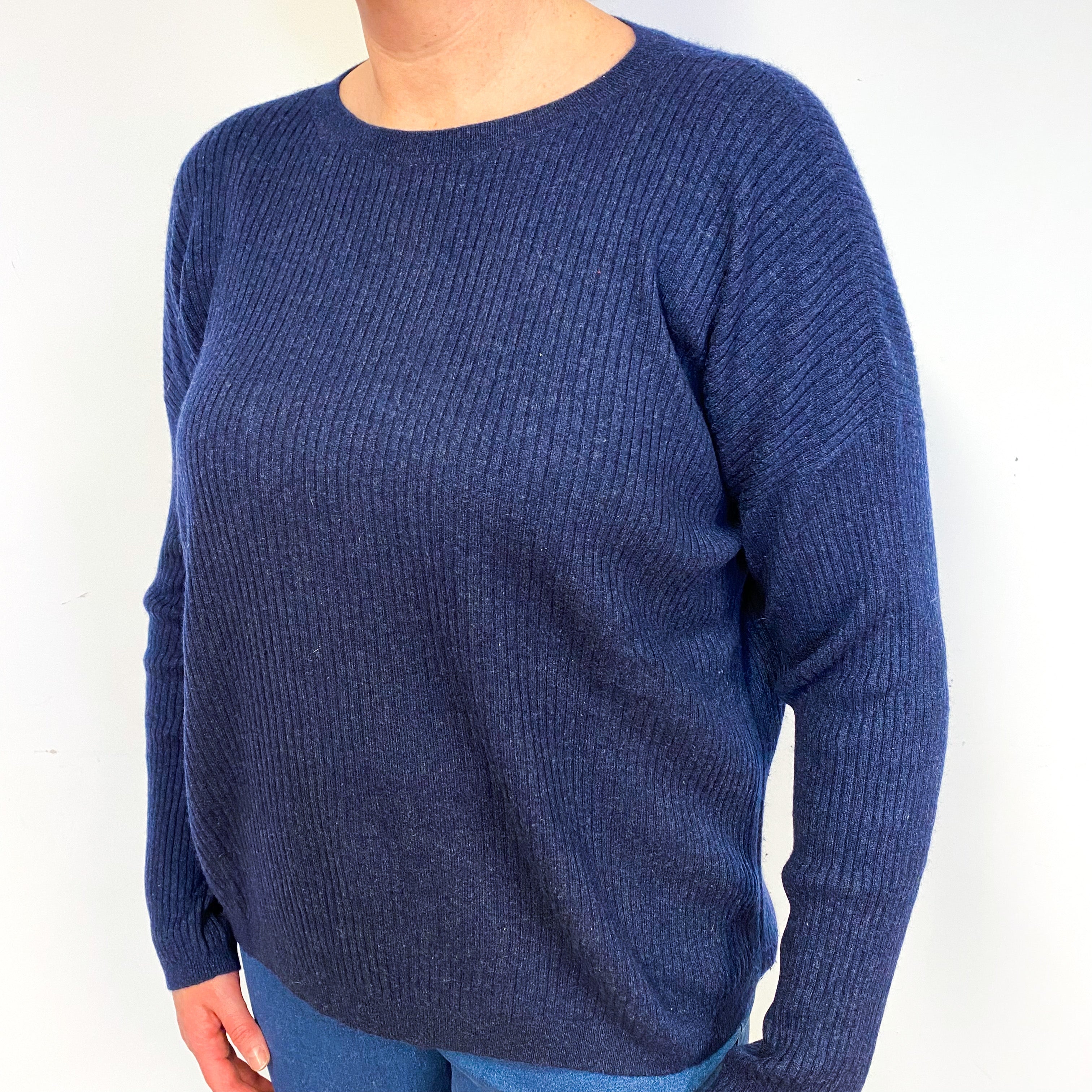 Naval Blue Ribbed Cashmere Crew Neck Jumper Large