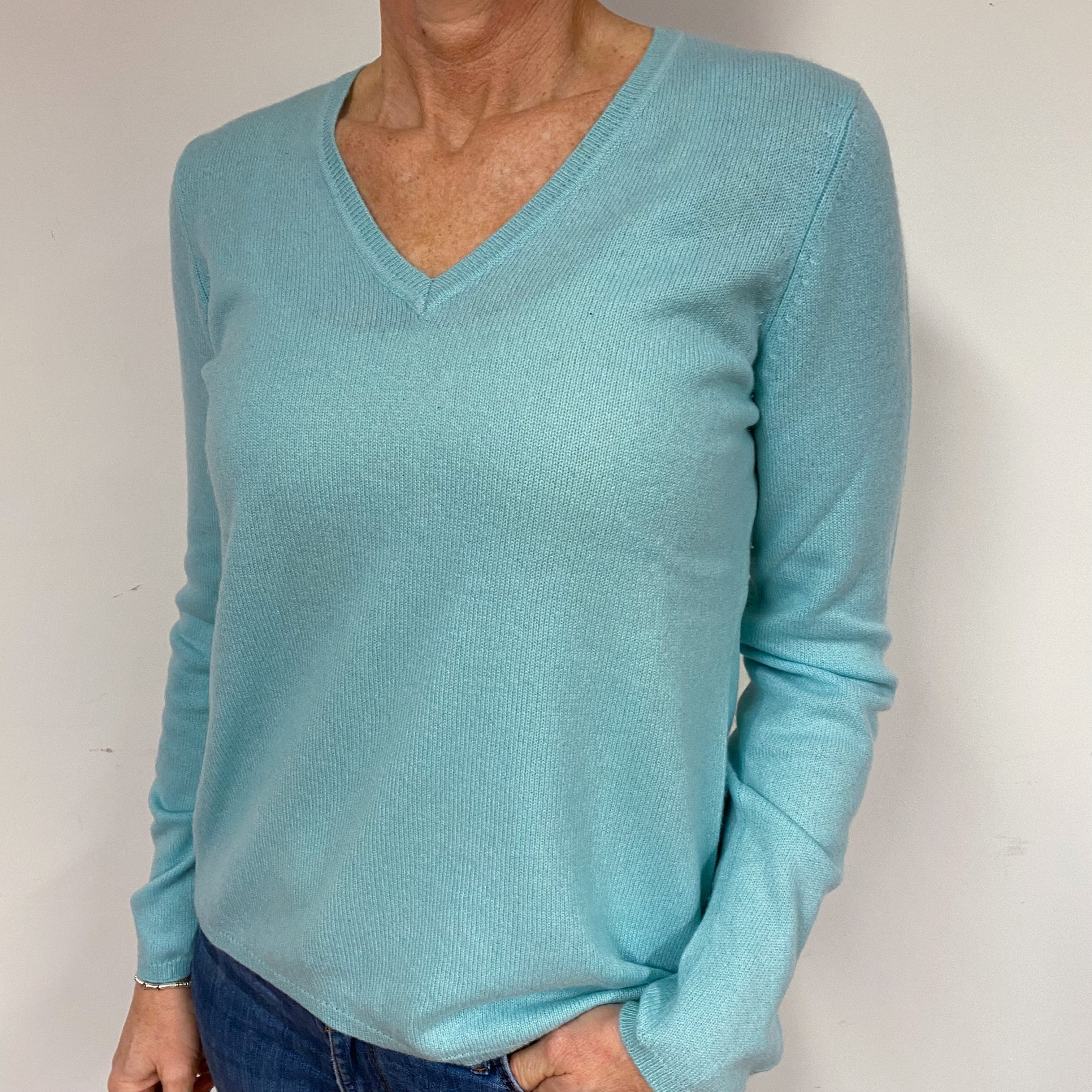 Aqua Blue Cashmere V-Neck Jumper Medium