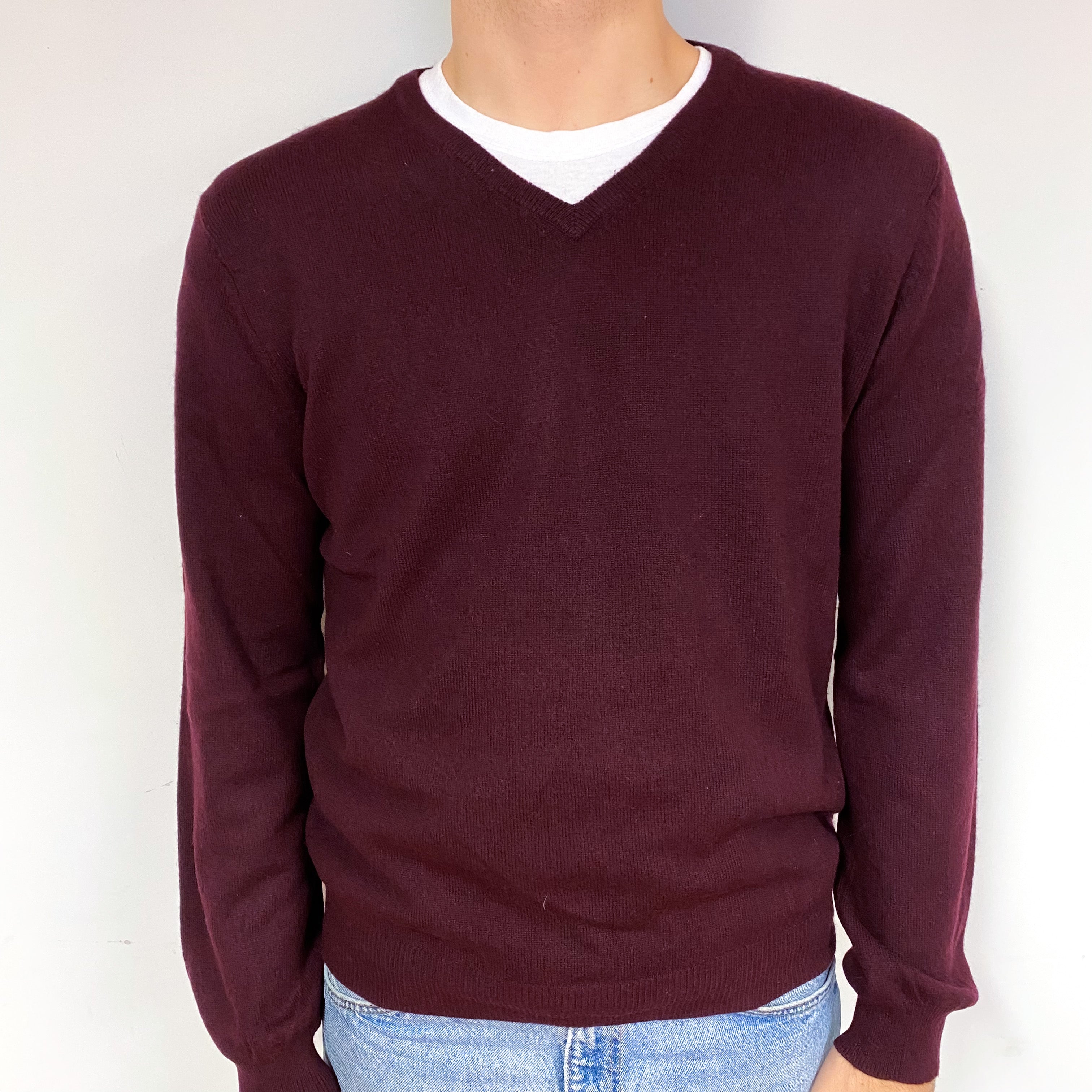 Men's Mulberry Purple Cashmere V-Neck Jumper Large
