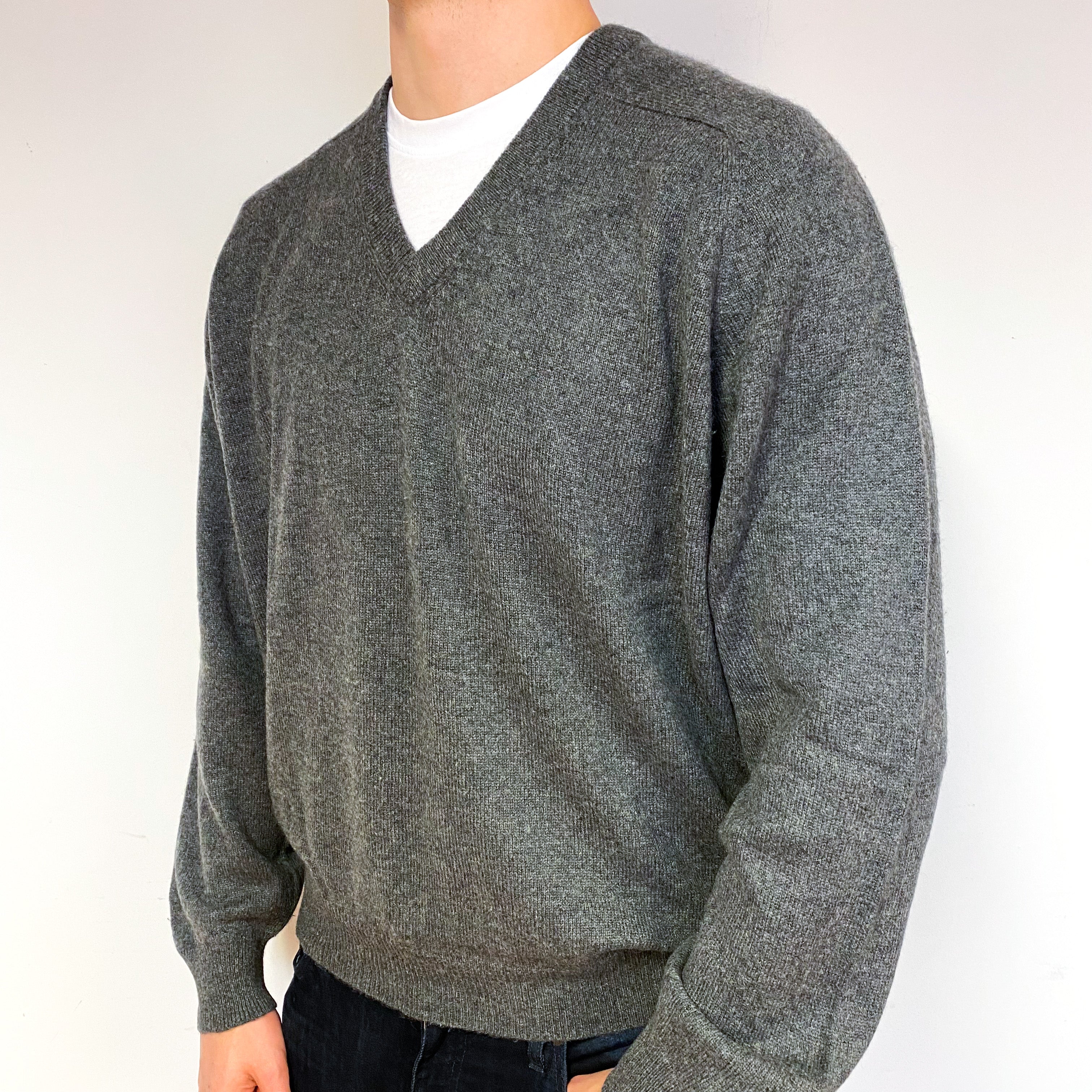 Men's Slate Grey Cashmere V-Neck Jumper Extra Extra Large