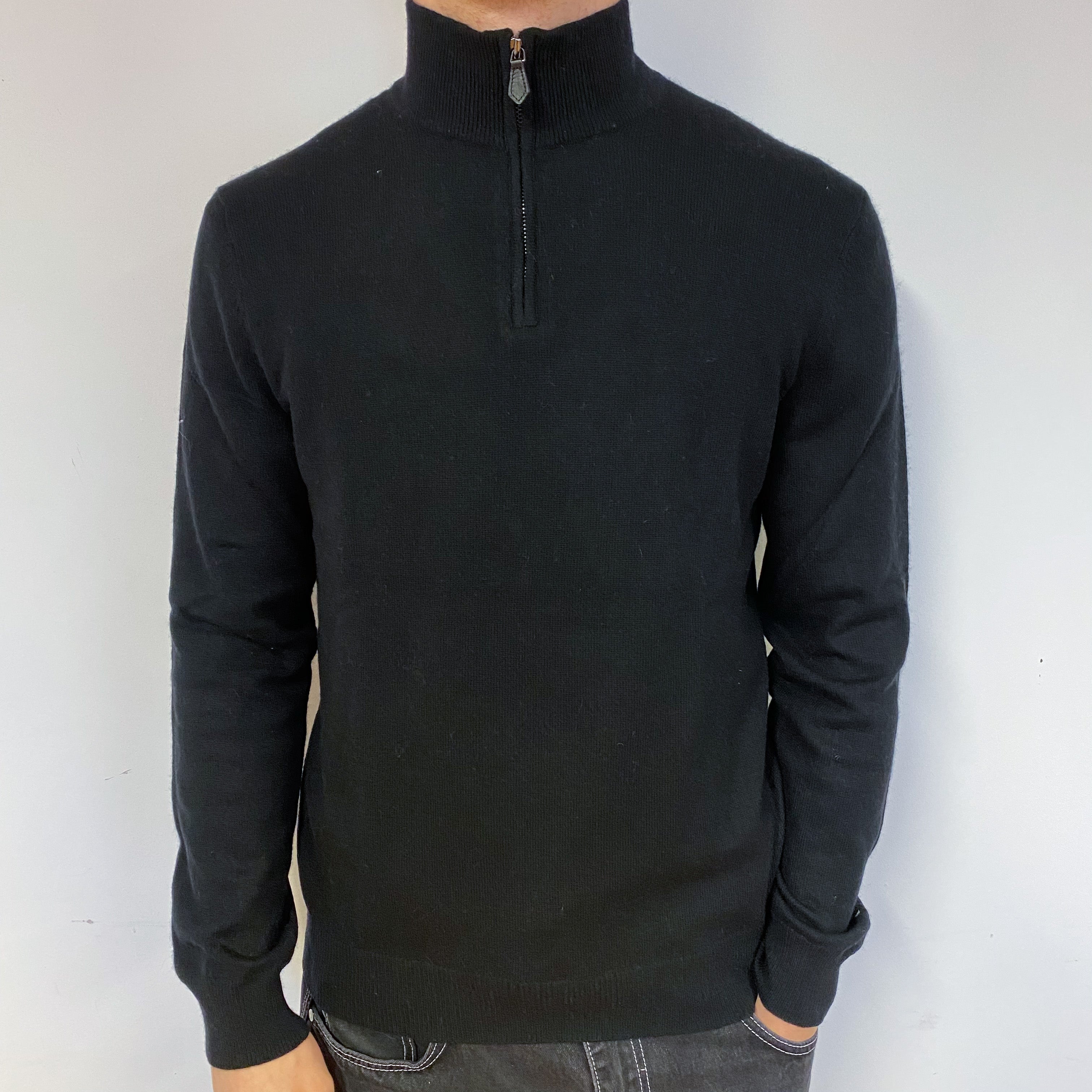 Men's Black Cashmere 1/4 Zip Jumper Medium