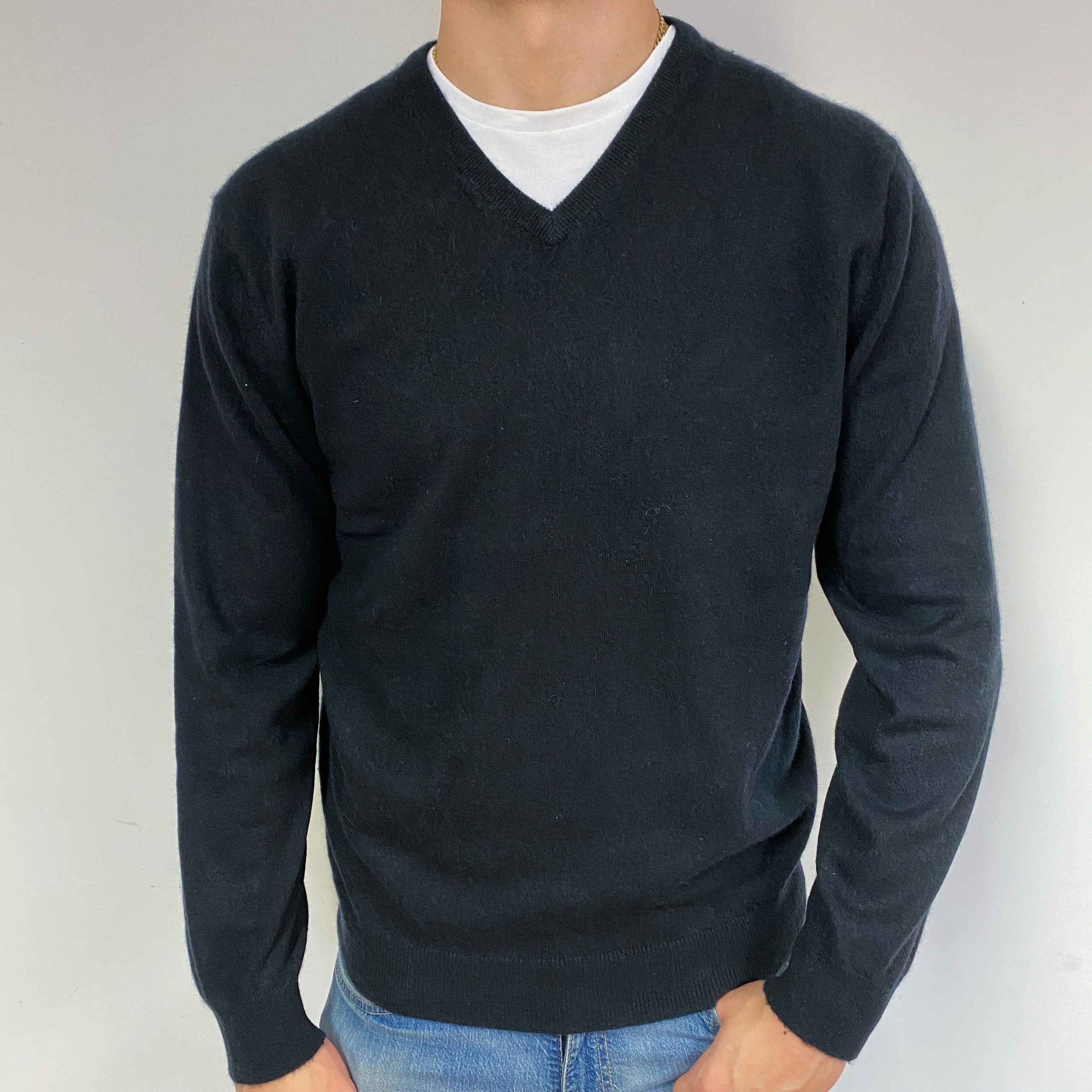 Men's Black Cashmere V-Neck Jumper XXL Slim