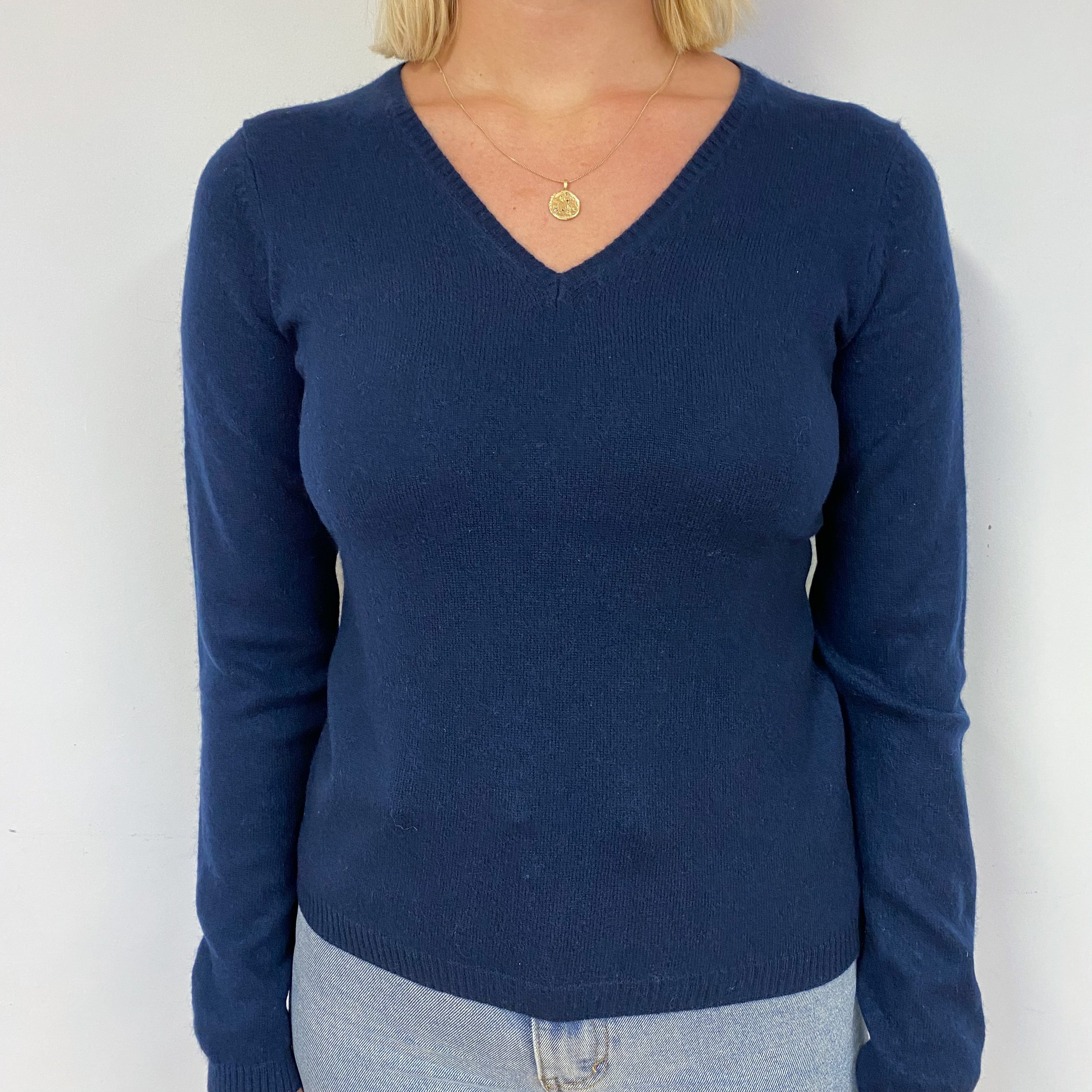 Dark Navy Blue Cashmere V-Neck Jumper Small