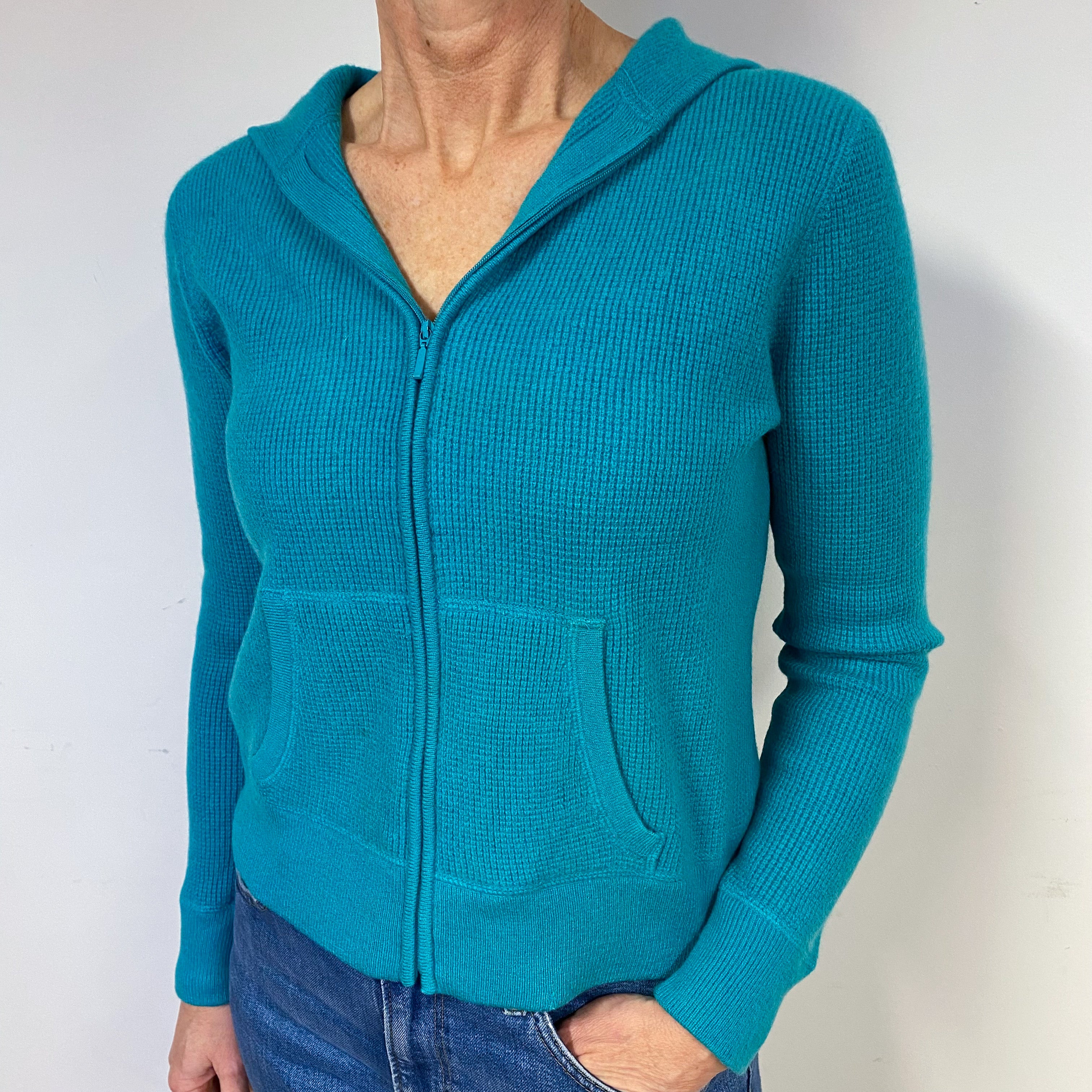 Turquoise Waffle Knit Cashmere Hoodie Medium