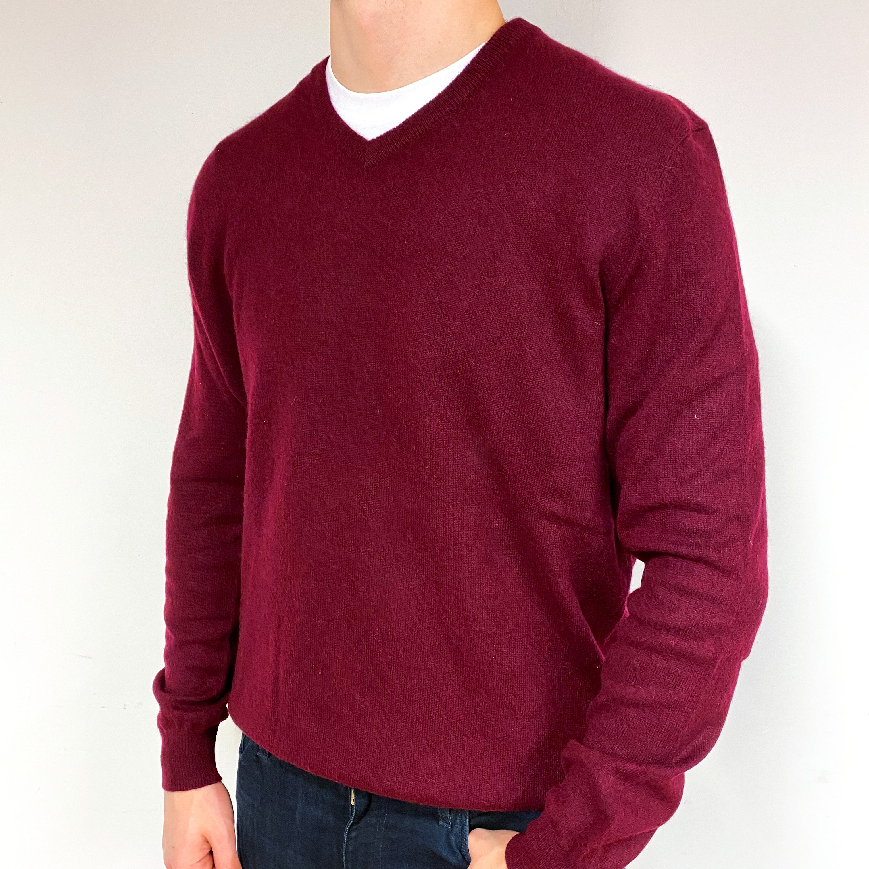 Men's Burgundy Red Cashmere V-Neck Jumper Extra Large