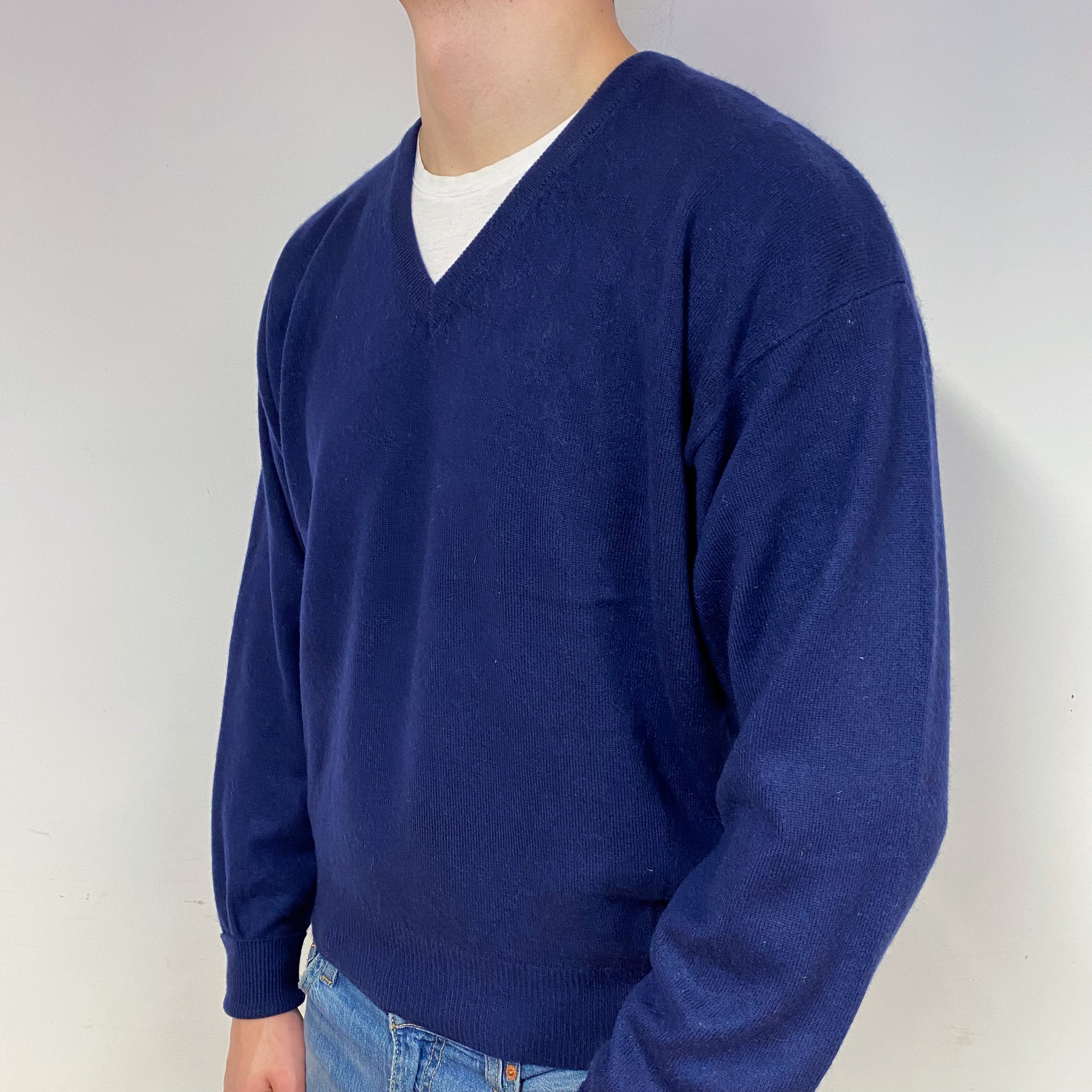 Men's Navy Blue Cashmere V-Neck Jumper Extra Large