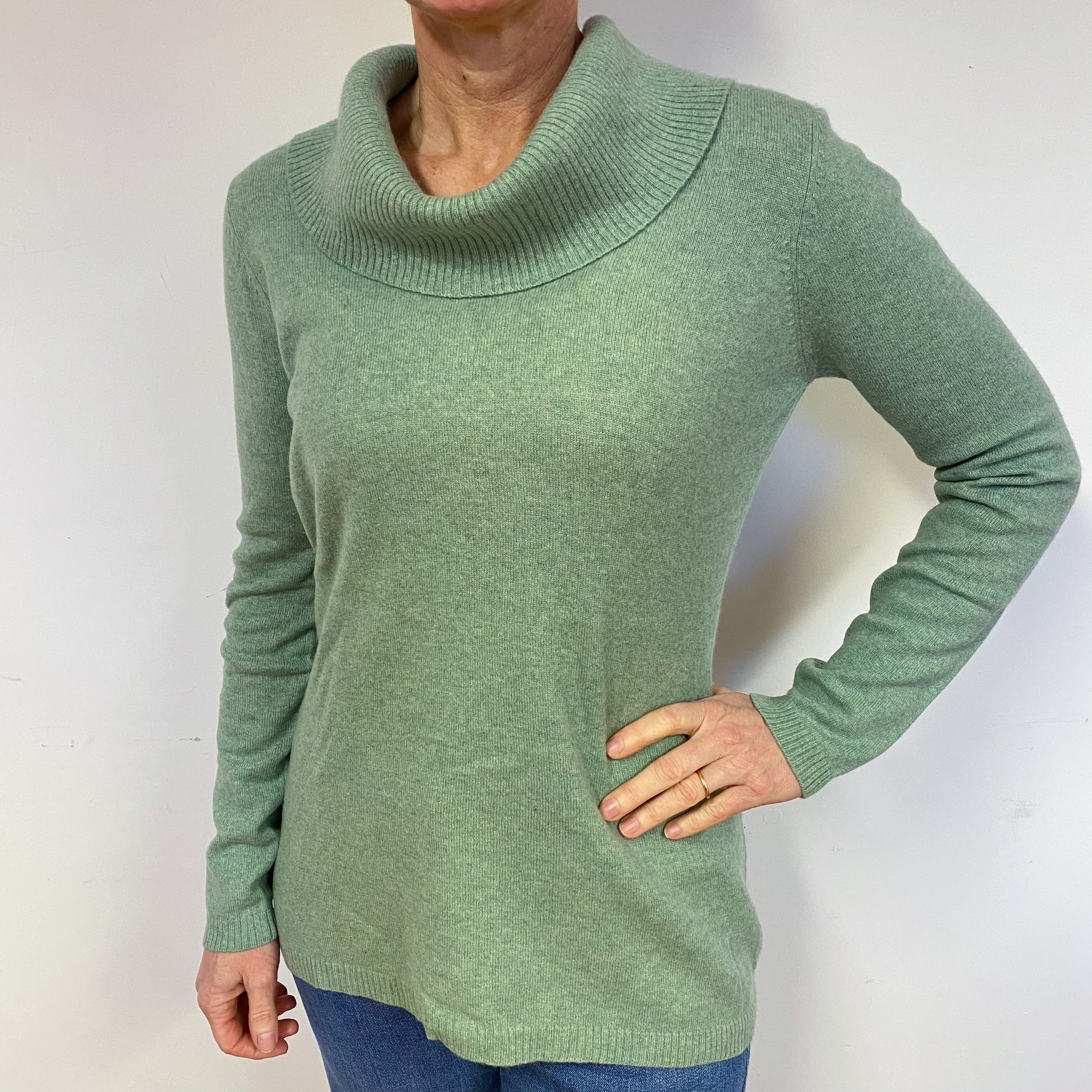 Sea Foam Green Cashmere Cowl Neck Jumper Medium