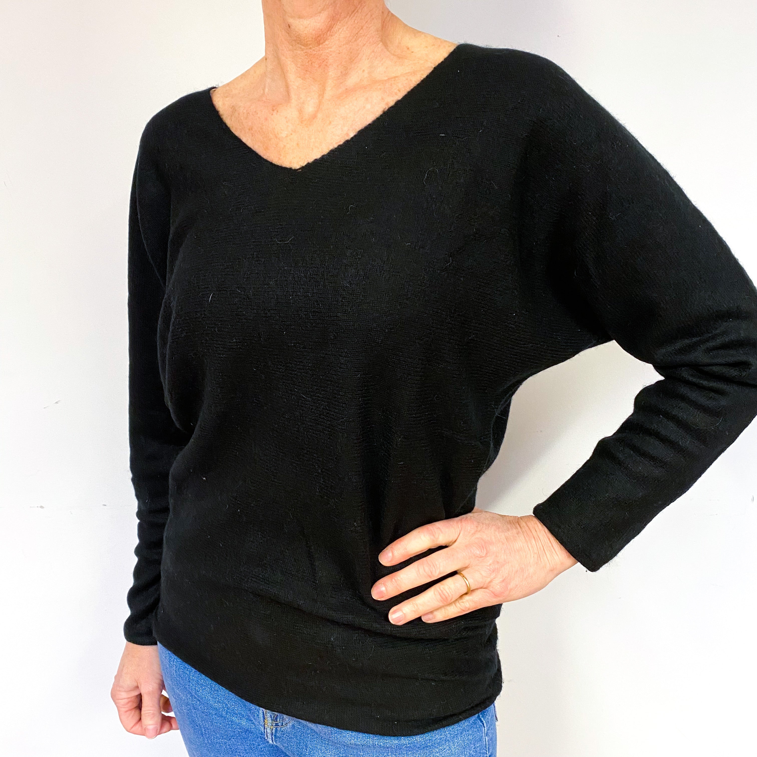 Ralph Lauren Black Batwing Cashmere V-Neck Jumper Medium