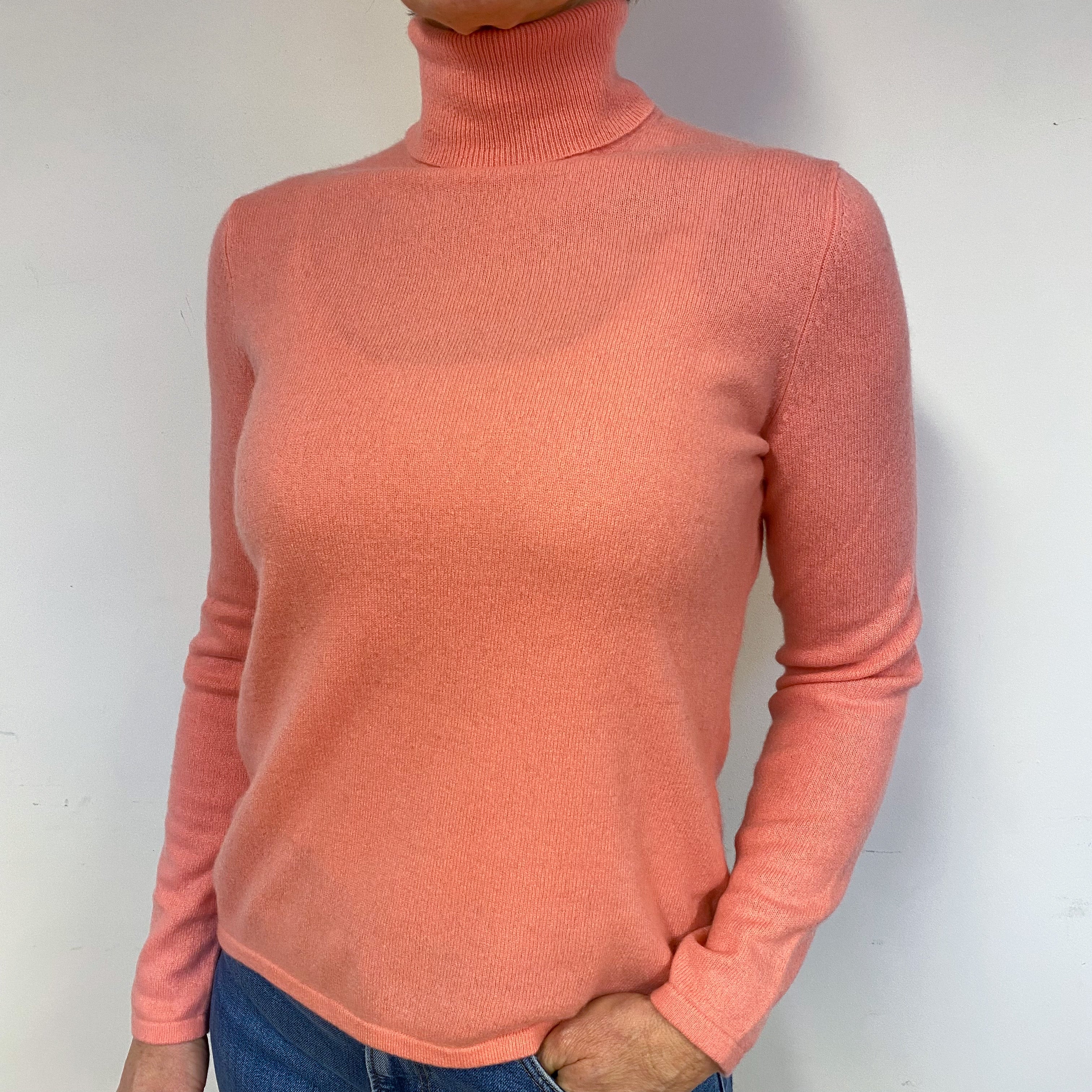 Flamingo Pink Cashmere Polo Neck Jumper Medium