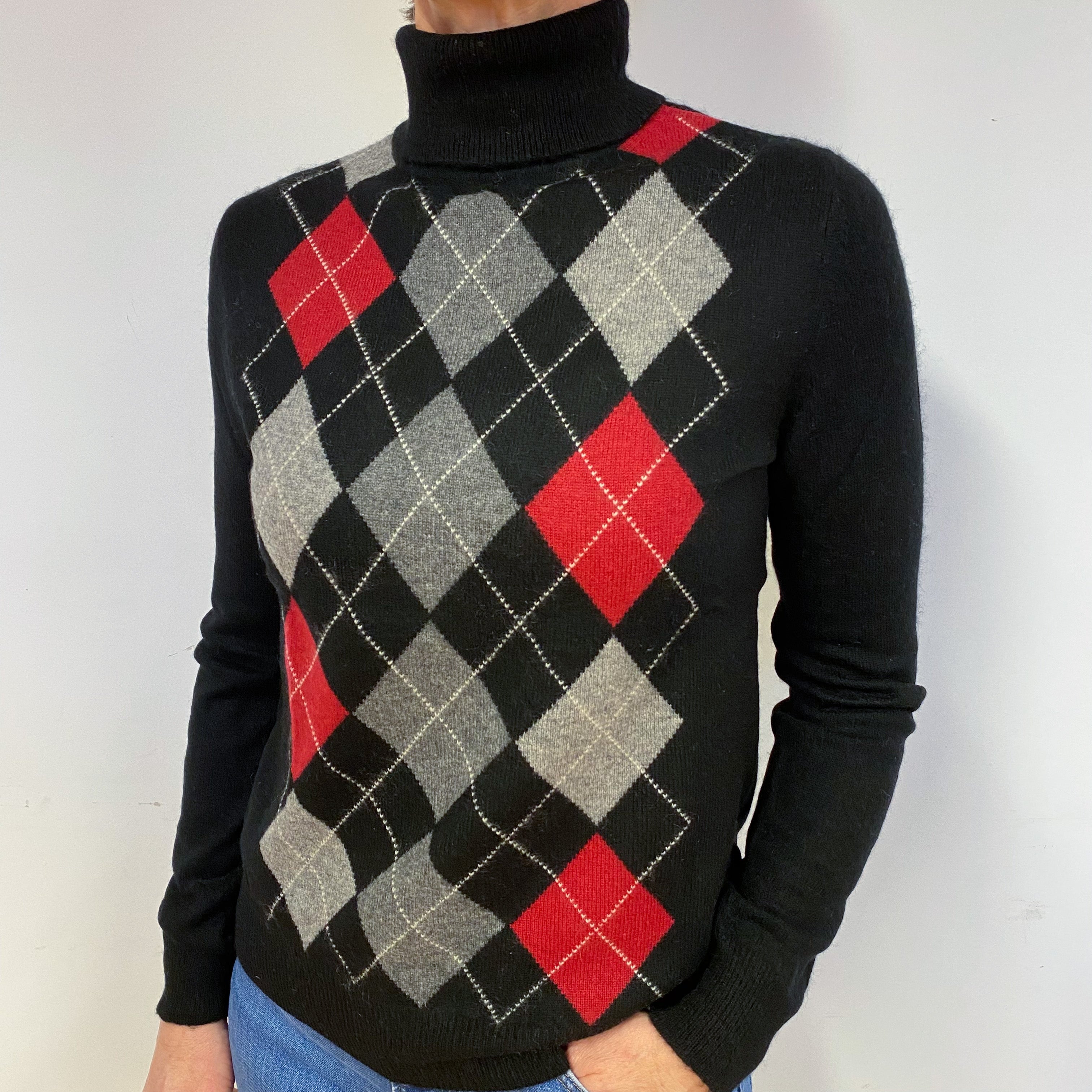 Black Argyle Cashmere Polo Neck Jumper Medium