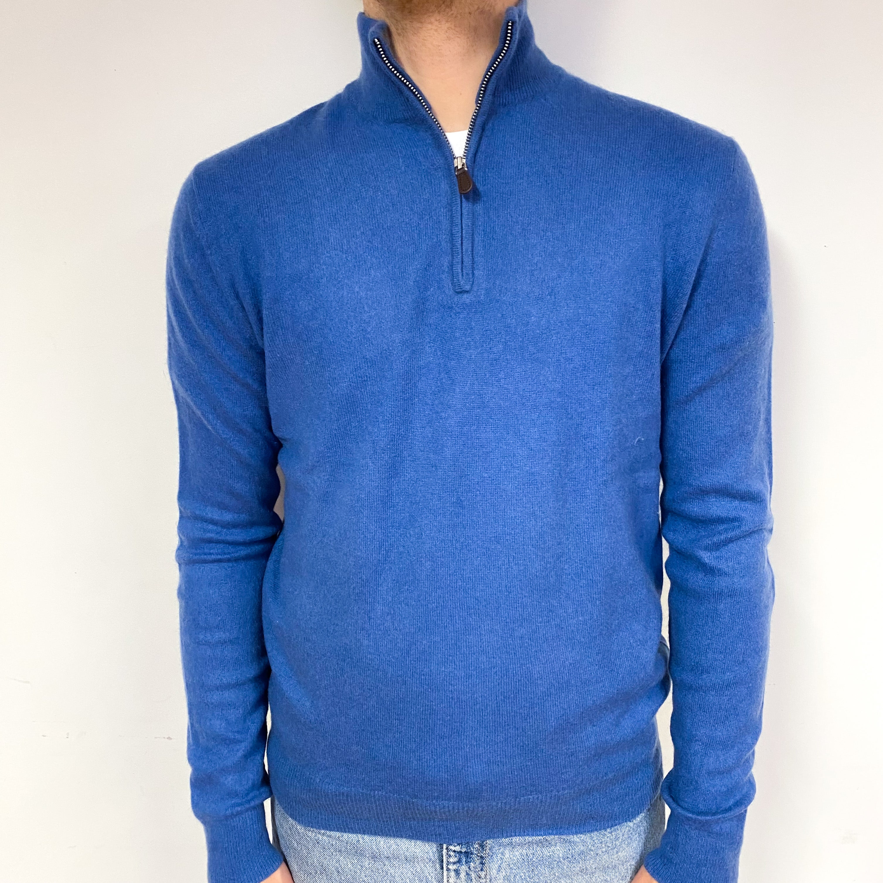 Men's Tanzanite Blue Cashmere 1/4 Zip Jumper Medium