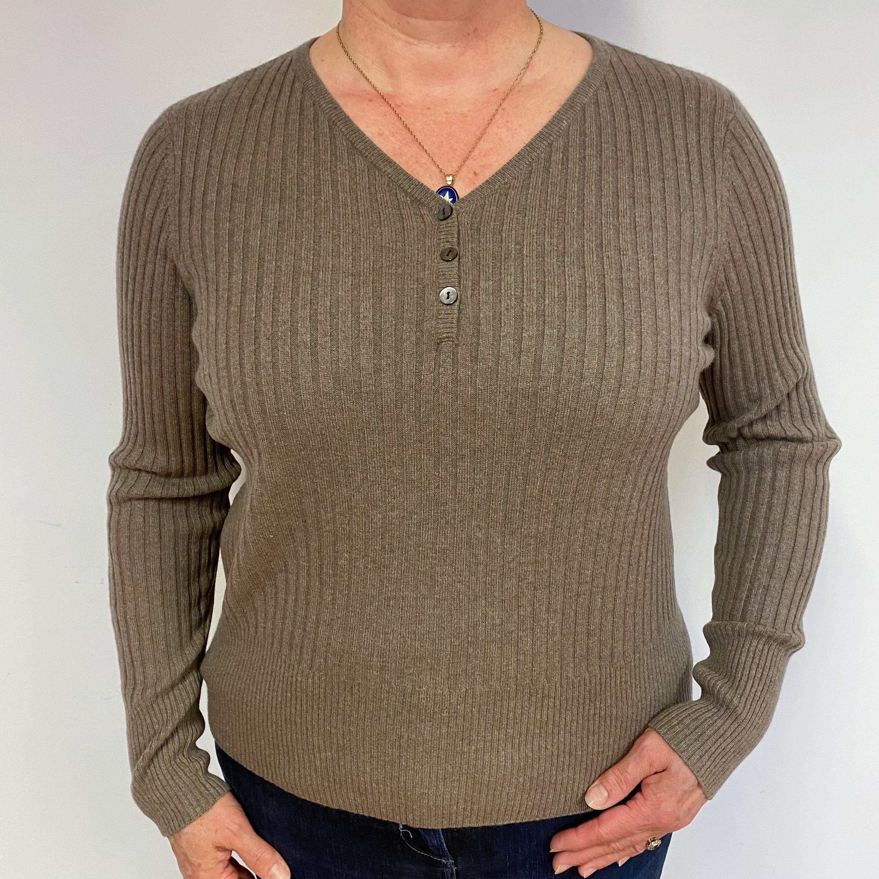 Mocha Brown Ribbed Cashmere V-Neck Jumper Large