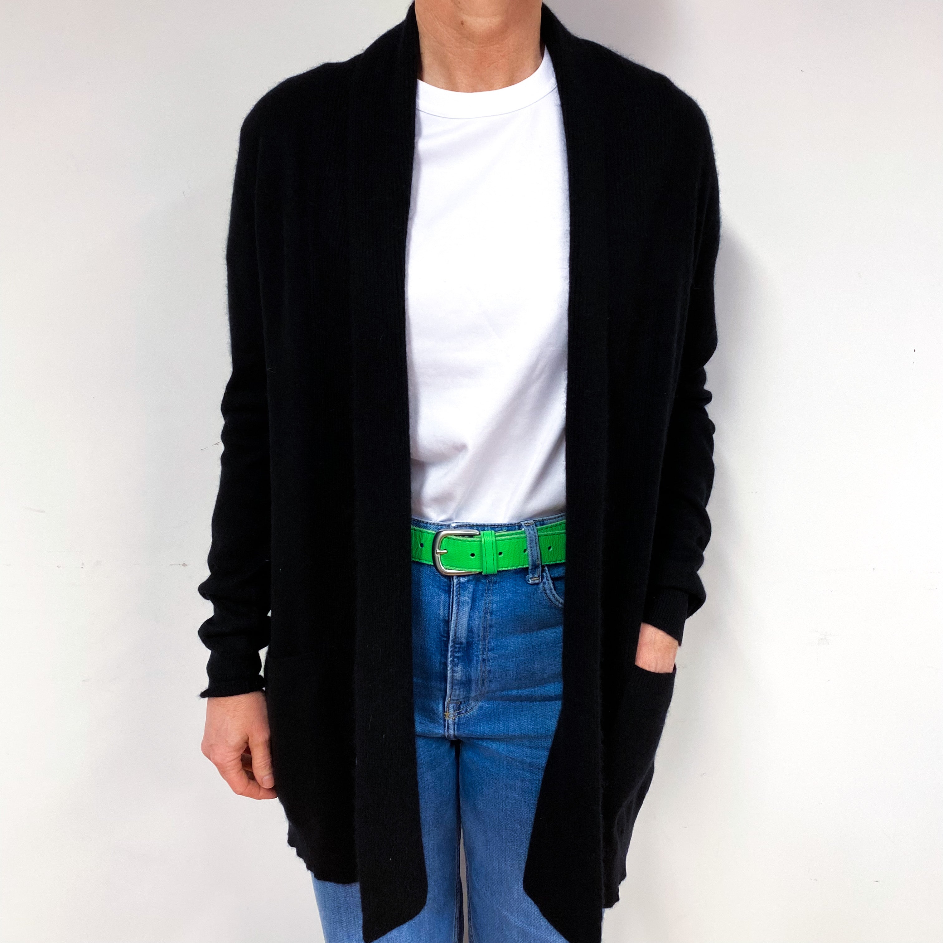 Long Black Cashmere Edge to Edge Cardigan Medium