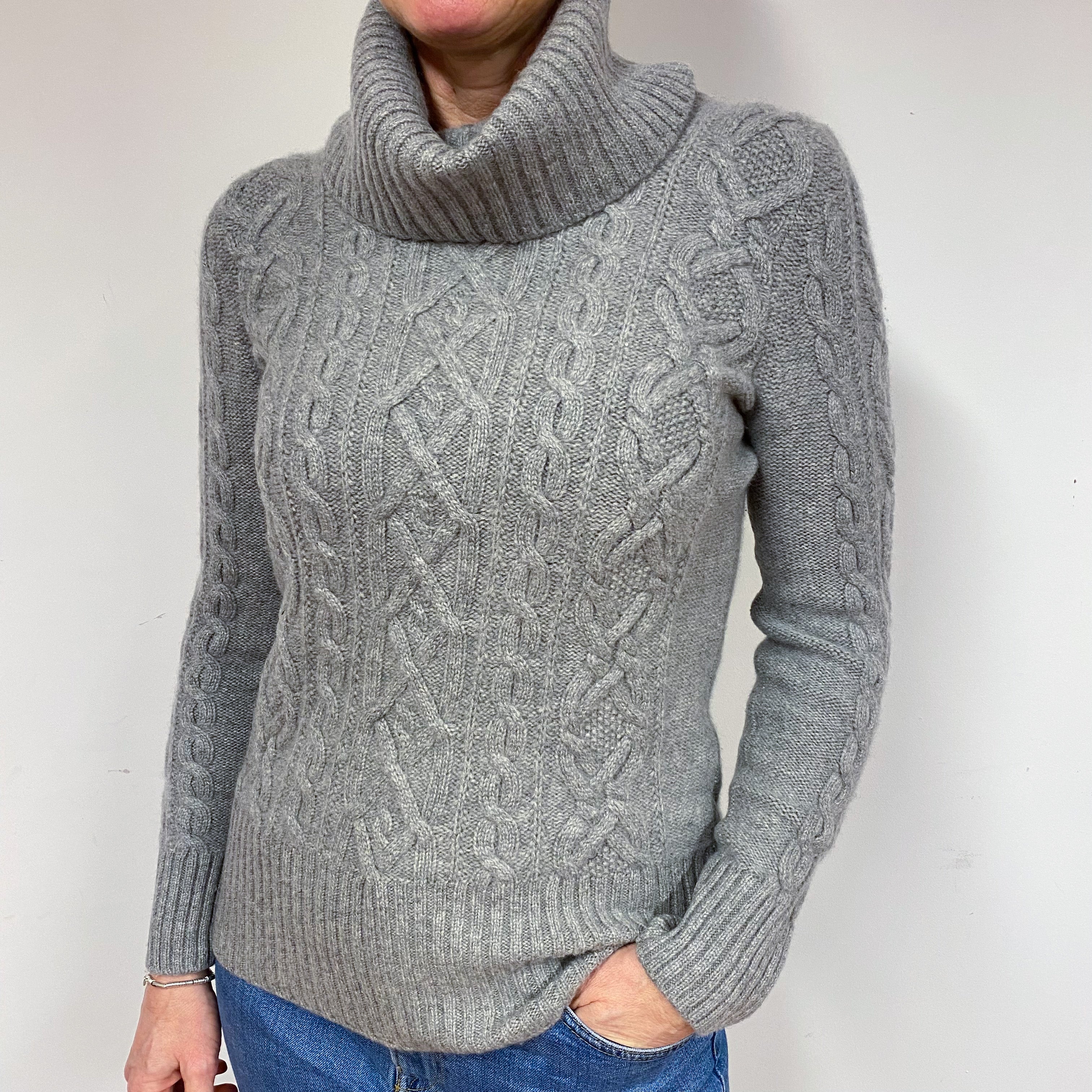 Chunky Grey Cable Cashmere Polo Neck Jumper Medium