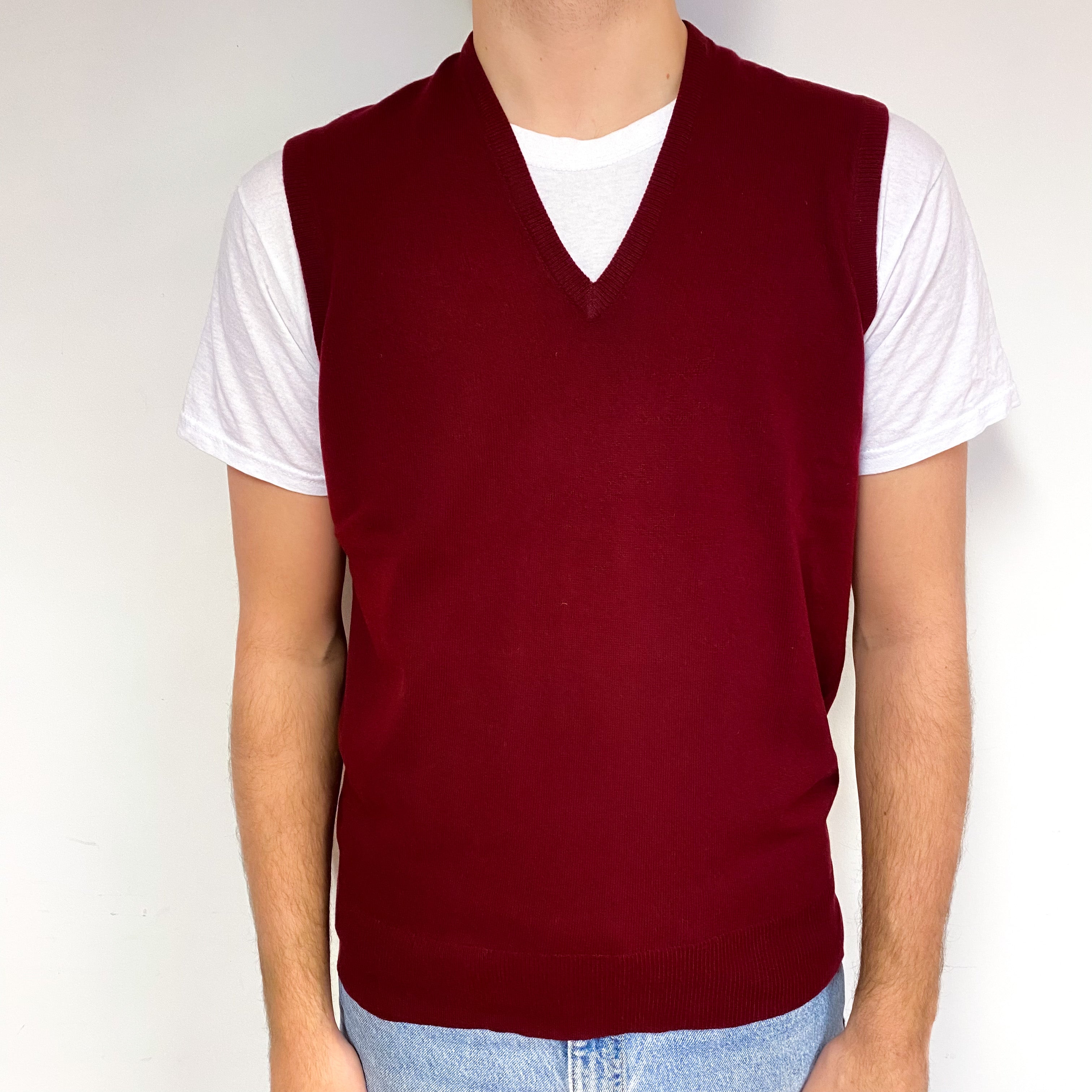 Men's Vintage Burgundy Cashmere V-Neck Tank Top Large