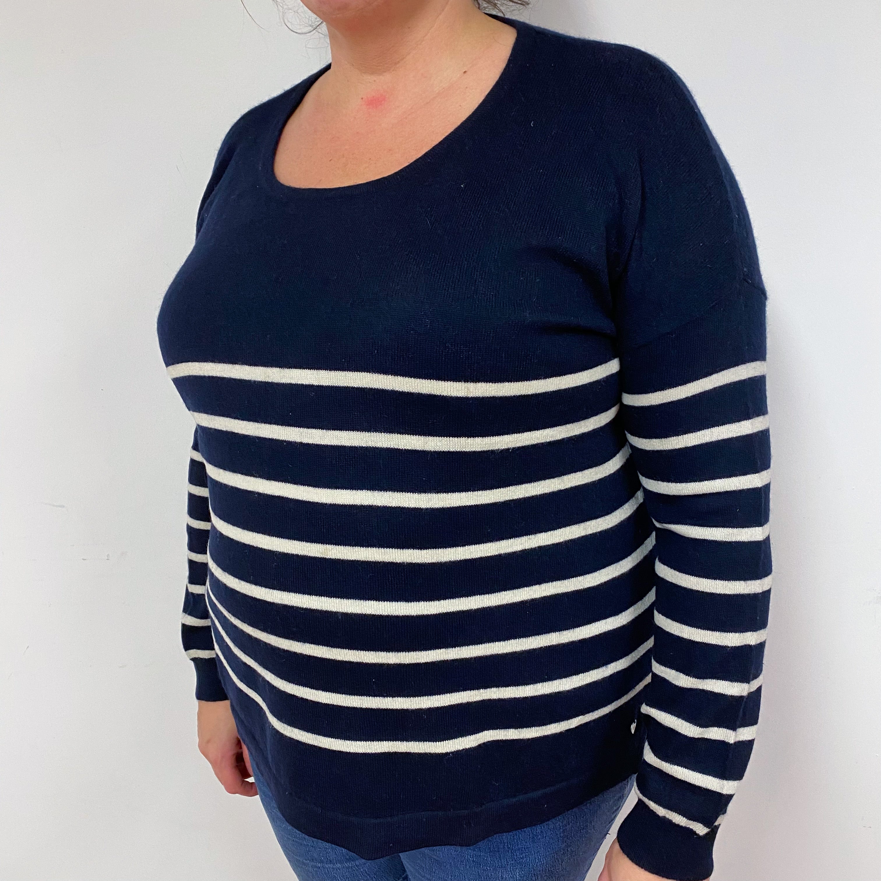 Navy Cream Stripe Cashmere Crew Neck Jumper Extra Large