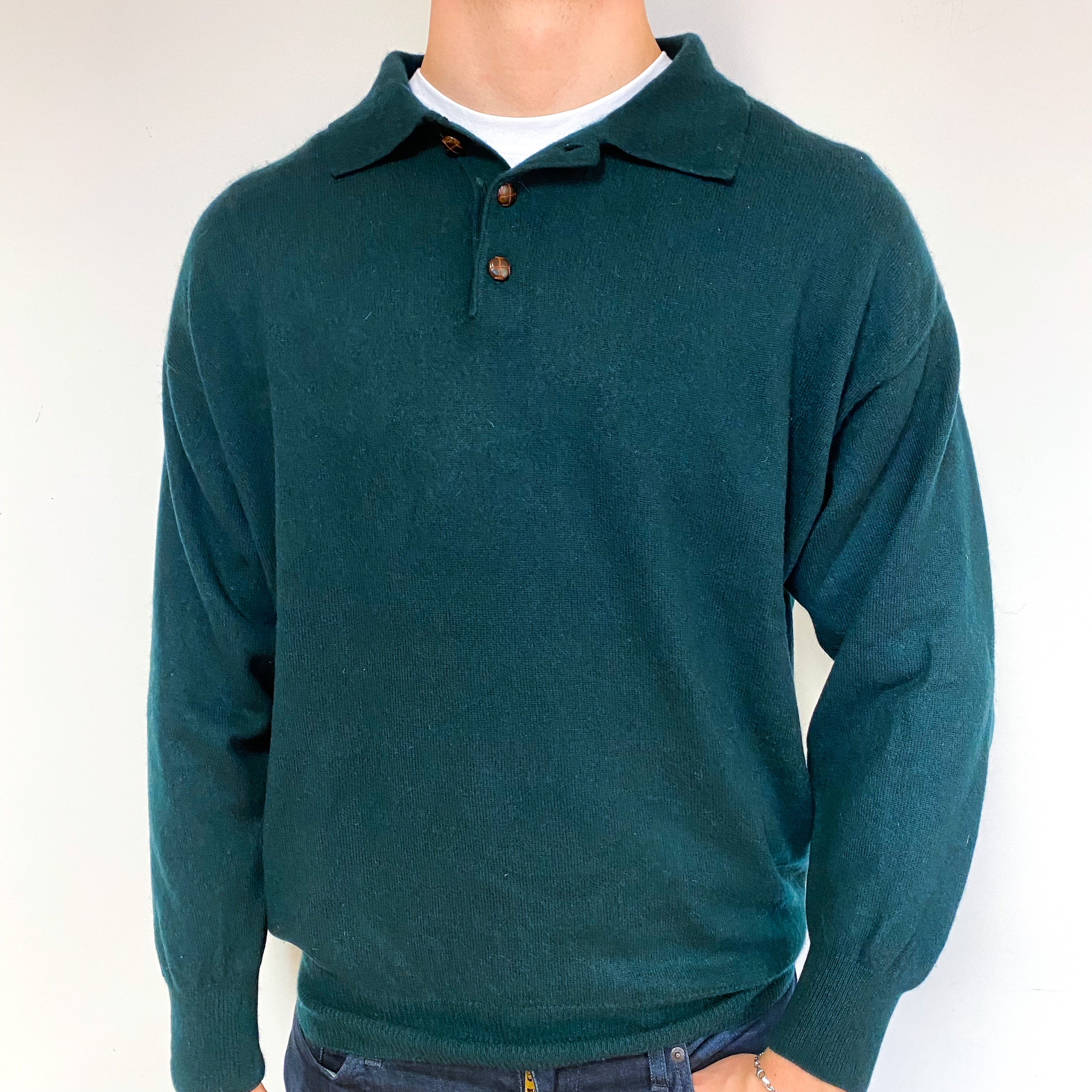 Men's Dark Green Cashmere 1/4 Button Jumper Extra Large